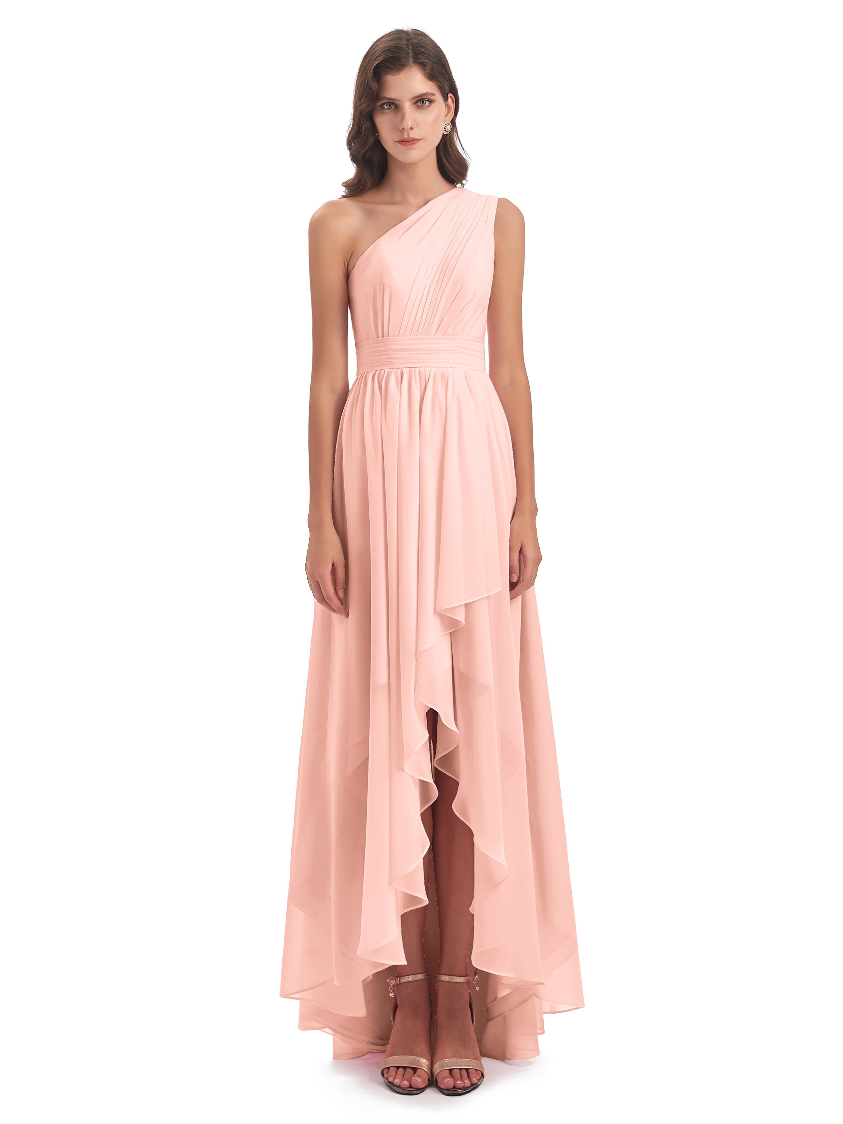 Robe Demoiselle D Honneur Couleur Corail Asymétrique Seule-Épaule Mousseline Robes Demoiselle D'Honneur