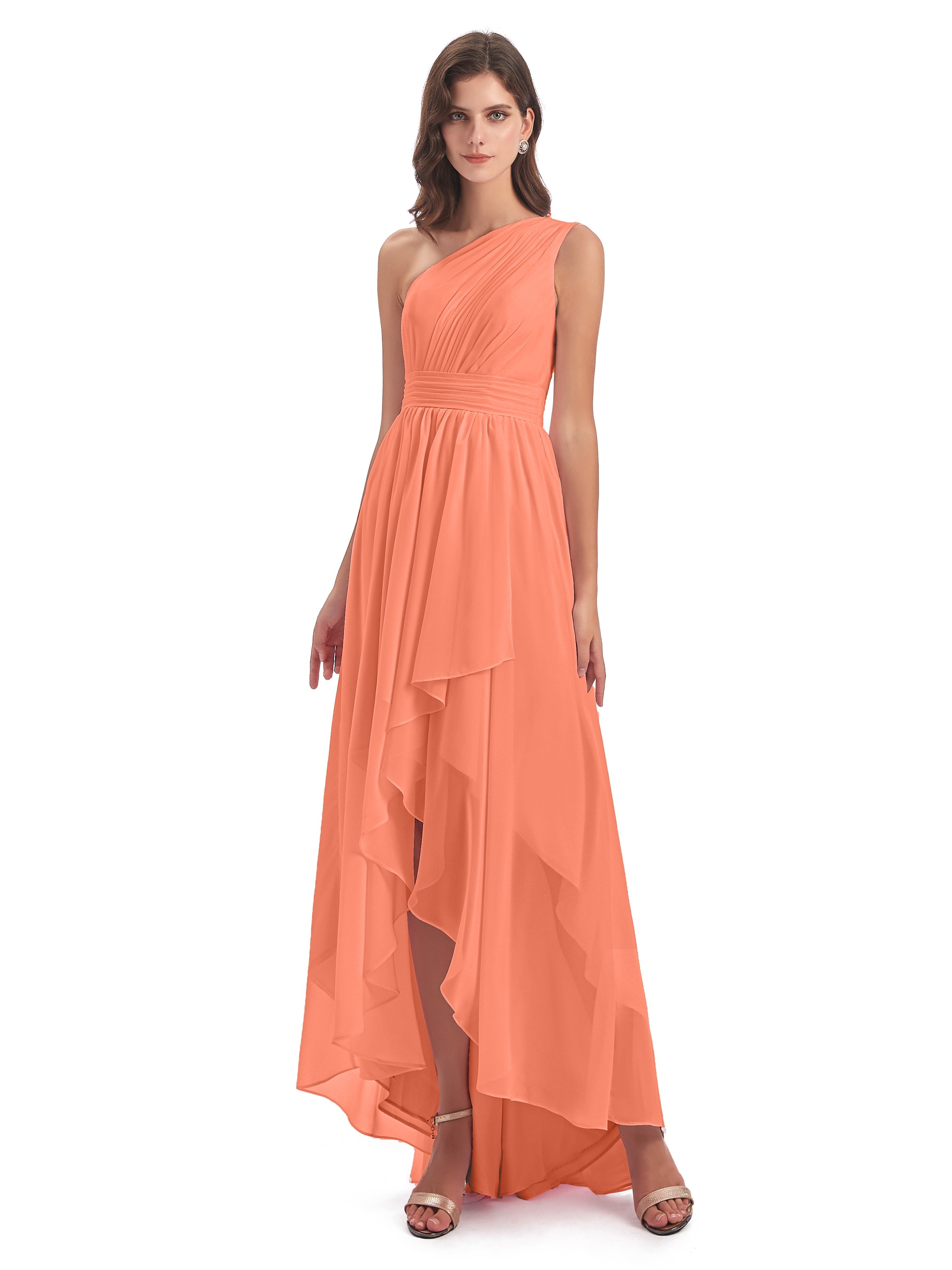 Robes De Demoiselle D'Honneur Coucher De Soleil Asymétrique Seule-Épaule Mousseline Robes Demoiselle D'Honneur