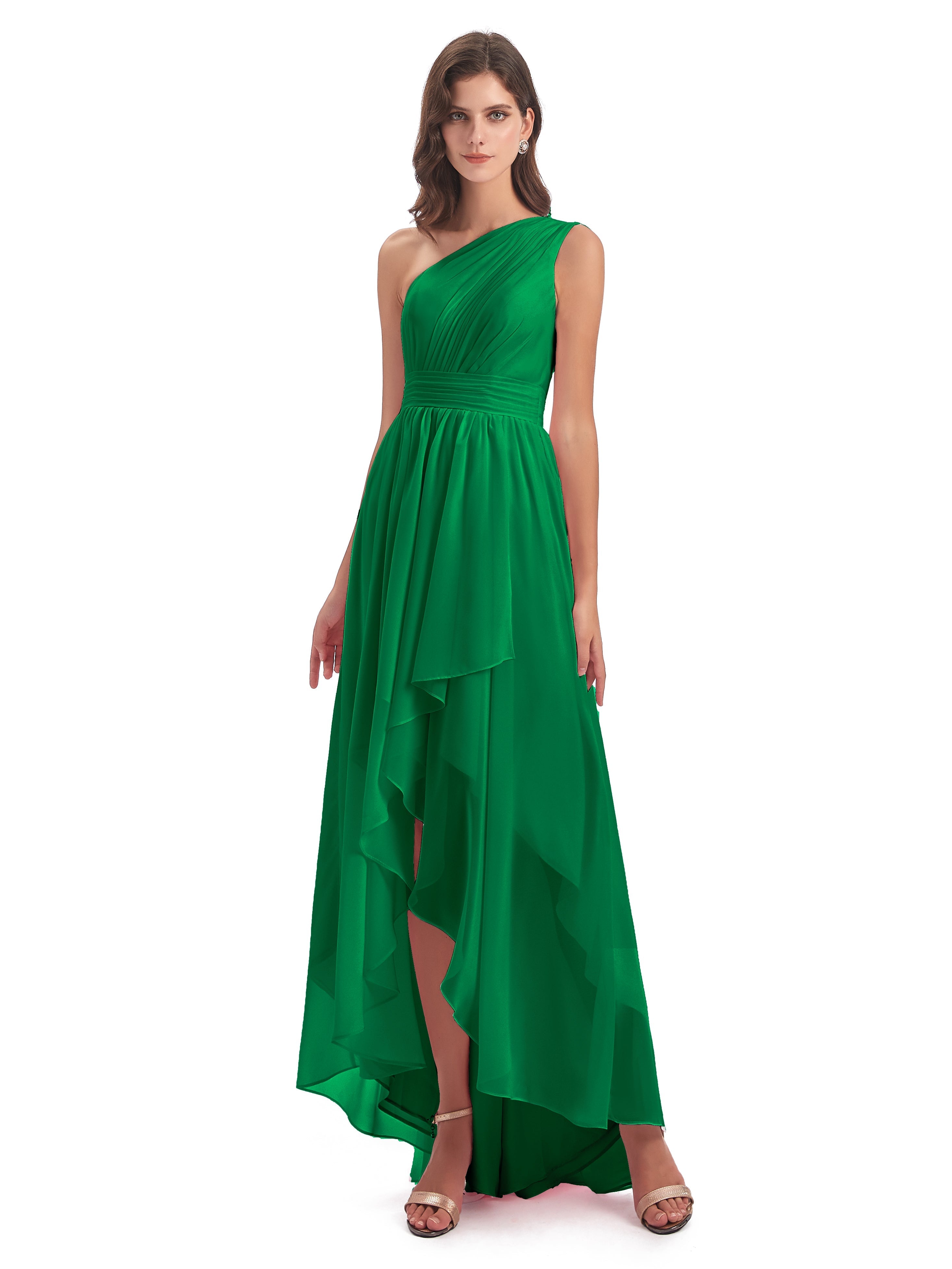 Robe Demoiselle D Honneur Vert Émeraude Asymétrique Seule-Épaule Mousseline Robes Demoiselle D'Honneur