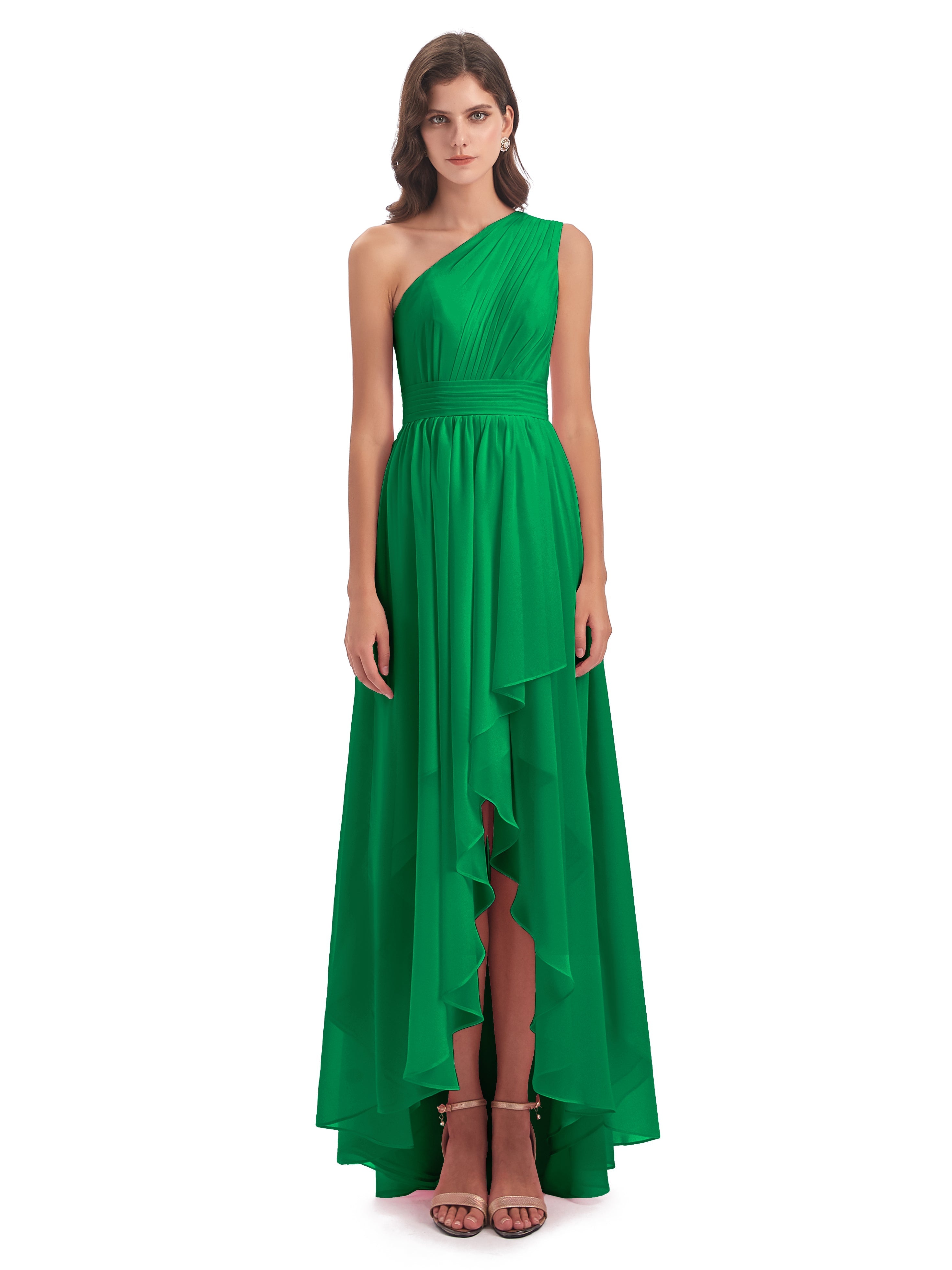 Robe Demoiselle D Honneur Vert Émeraude Asymétrique Seule-Épaule Mousseline Robes Demoiselle D'Honneur