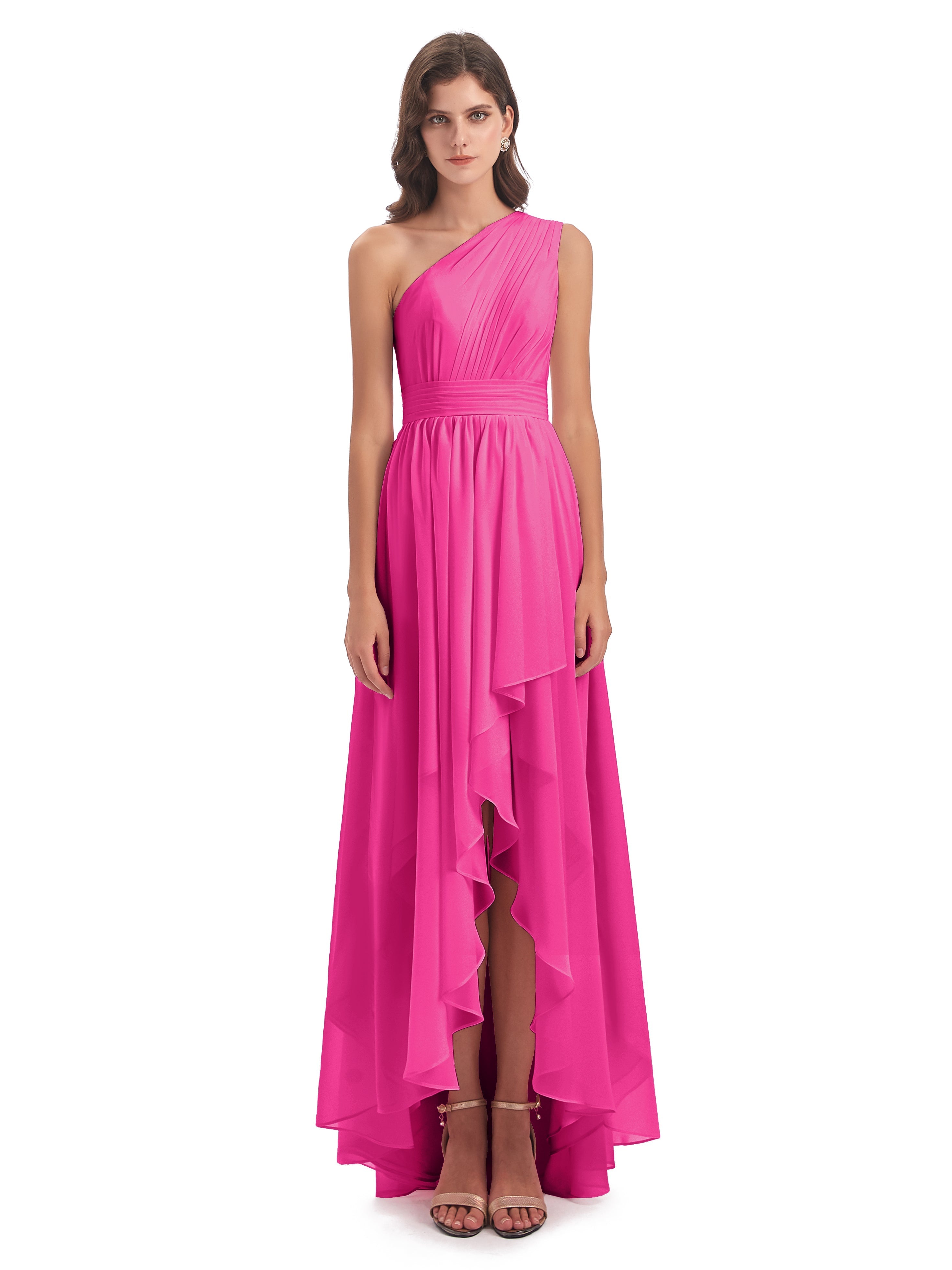 Robe Demoiselle D Honneur Rose Fuchsia Asymétrique Seule-Épaule Mousseline Robes Demoiselle D'Honneur