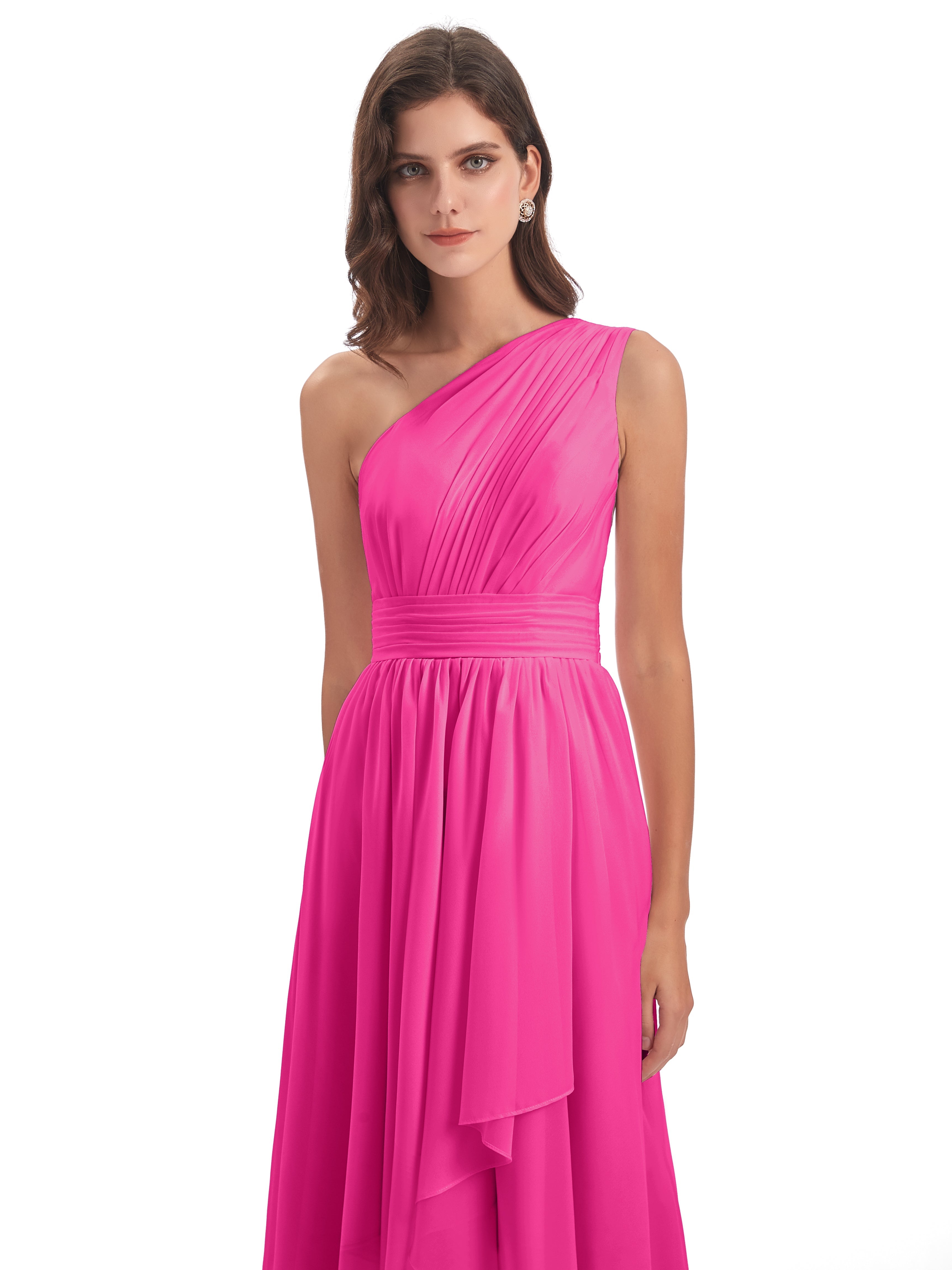 Robe Demoiselle D Honneur Rose Fuchsia Asymétrique Seule-Épaule Mousseline Robes Demoiselle D'Honneur