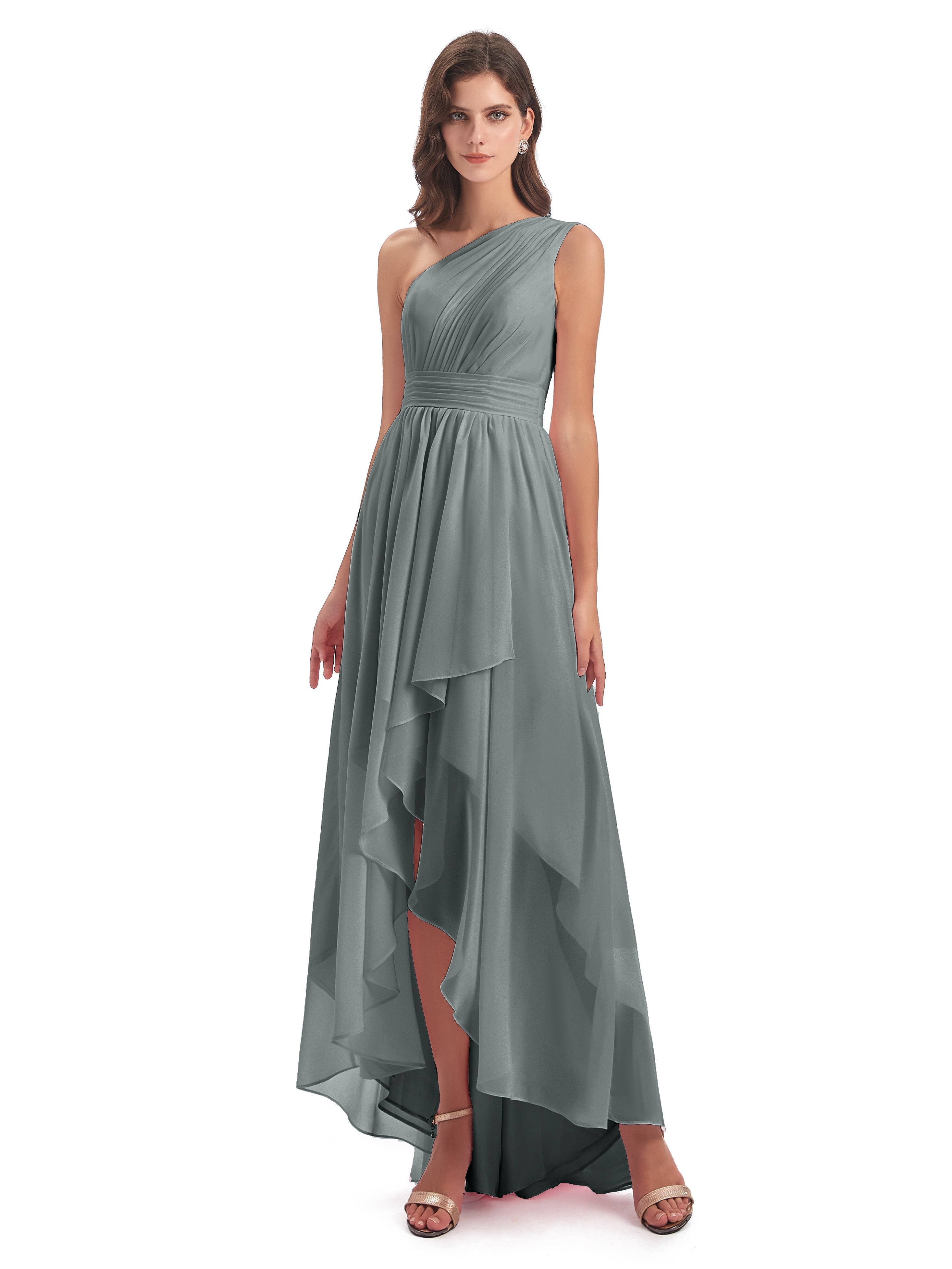 Demoiselle D Honneur Robe Grise Asymétrique Seule-Épaule Mousseline Robes Demoiselle D'Honneur