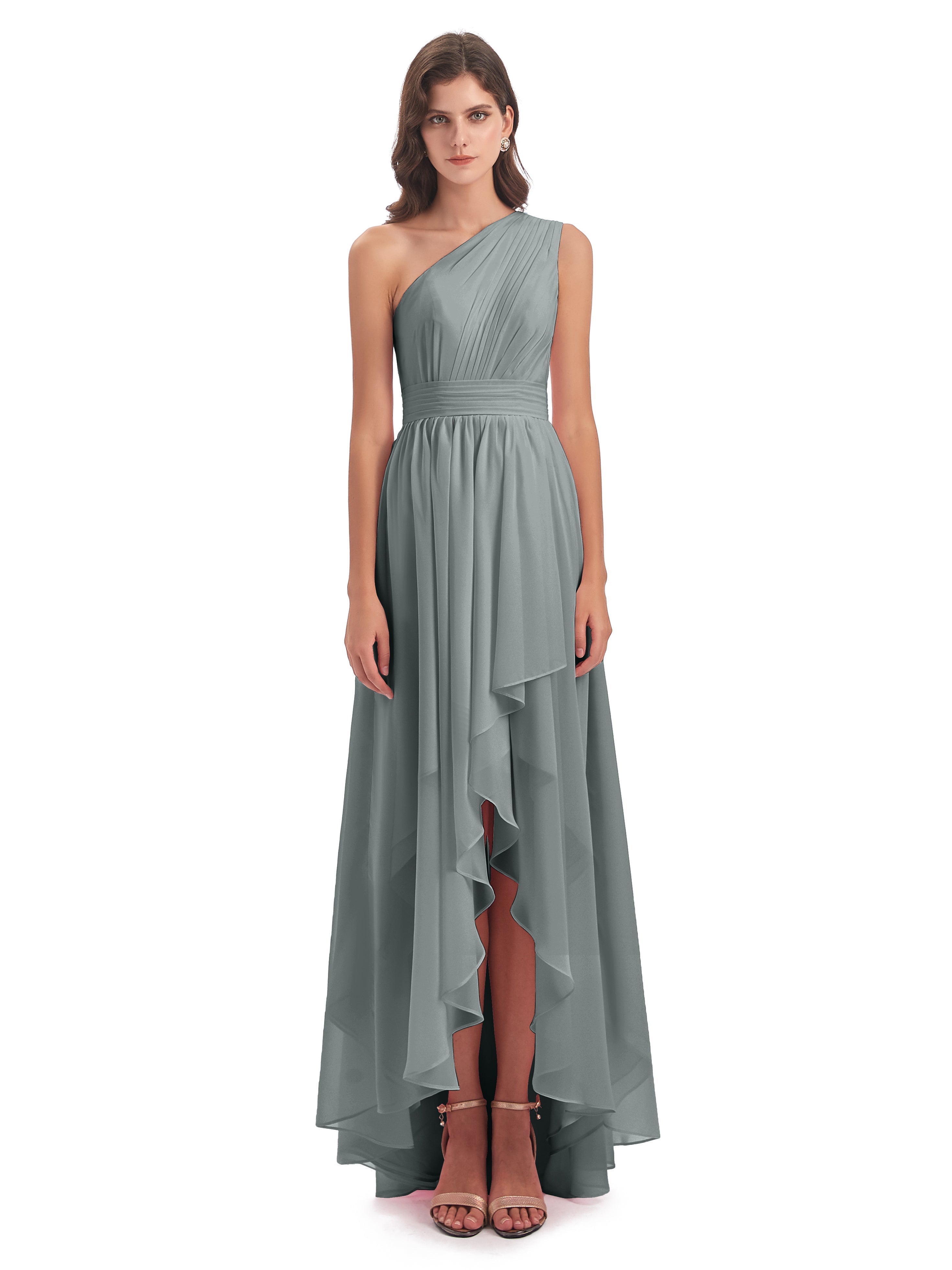 Demoiselle D Honneur Robe Grise Asymétrique Seule-Épaule Mousseline Robes Demoiselle D'Honneur