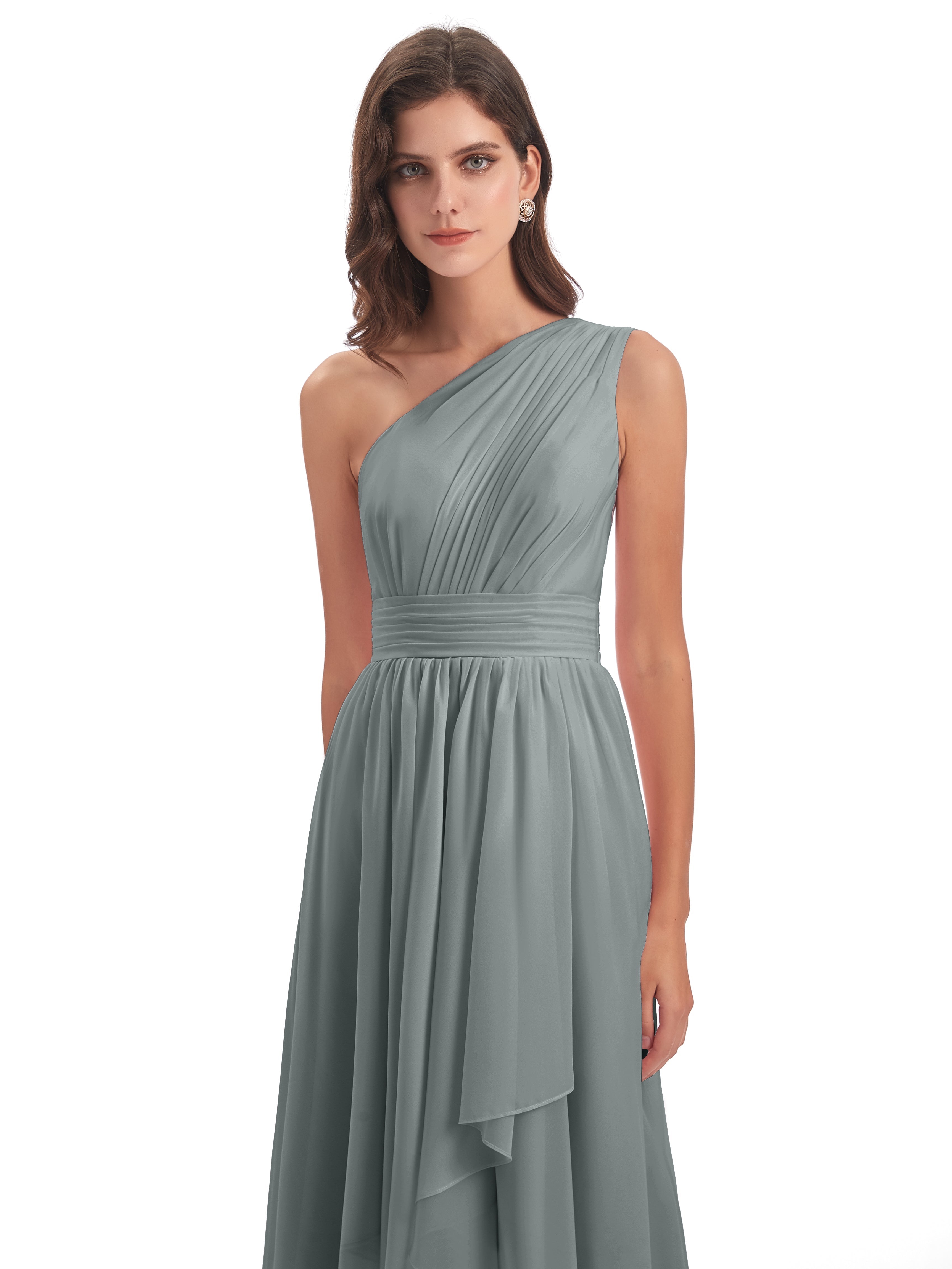 Demoiselle D Honneur Robe Grise Asymétrique Seule-Épaule Mousseline Robes Demoiselle D'Honneur