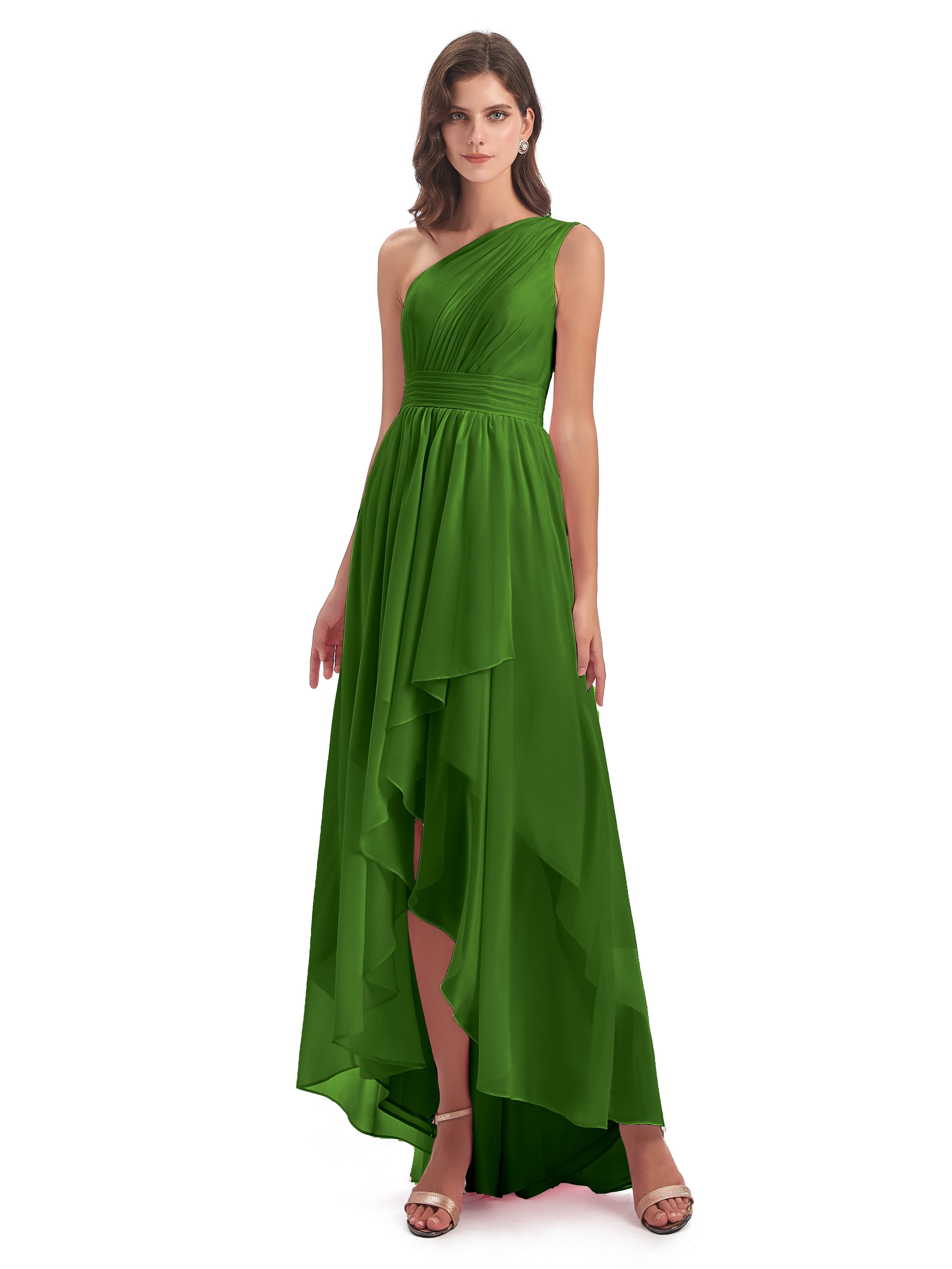 Robes De Demoiselle D'Honneur Vert Mousse Asymétrique Seule-Épaule Mousseline Robes Demoiselle D'Honneur