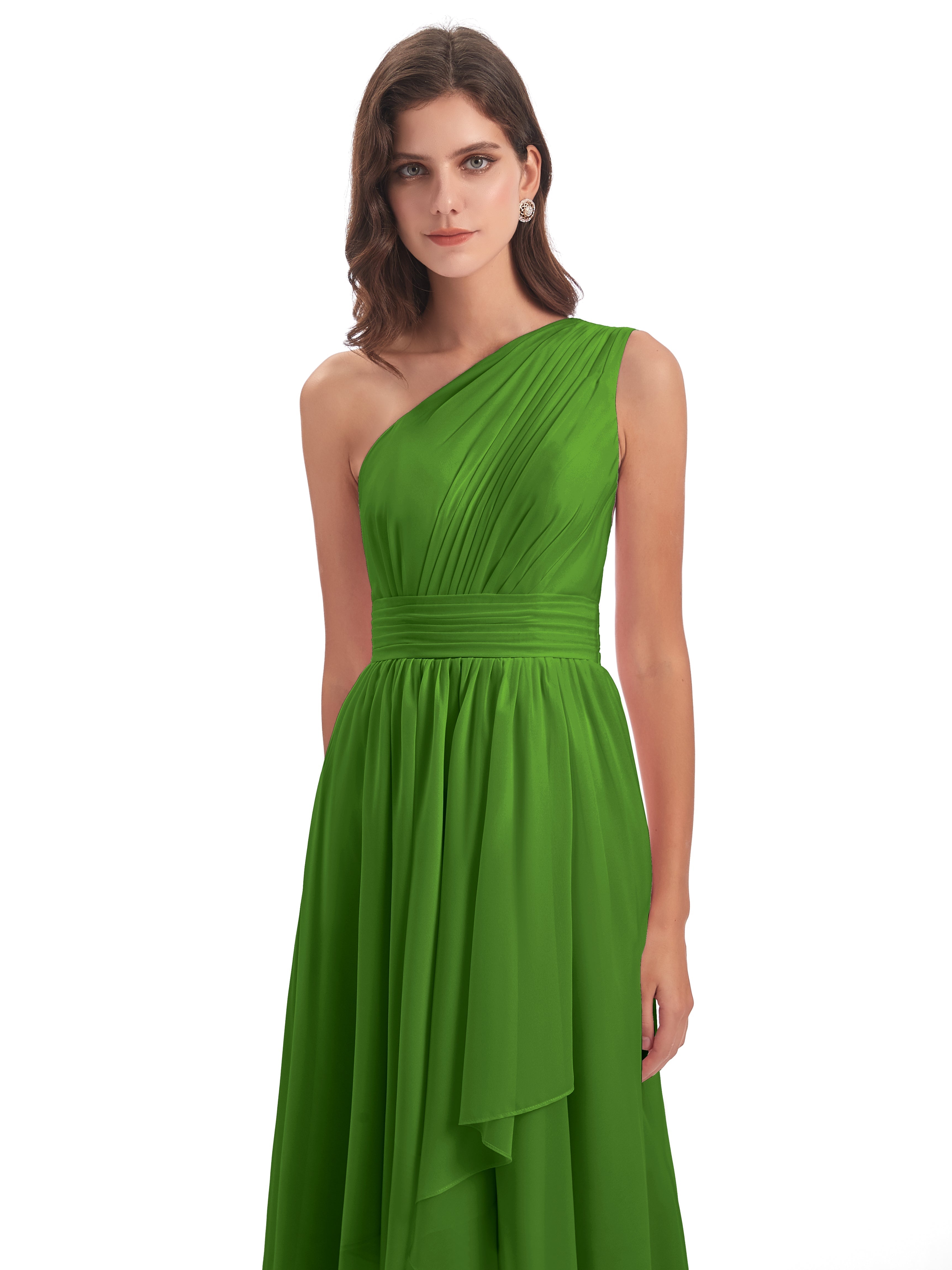 Robes De Demoiselle D'Honneur Vert Mousse Asymétrique Seule-Épaule Mousseline Robes Demoiselle D'Honneur