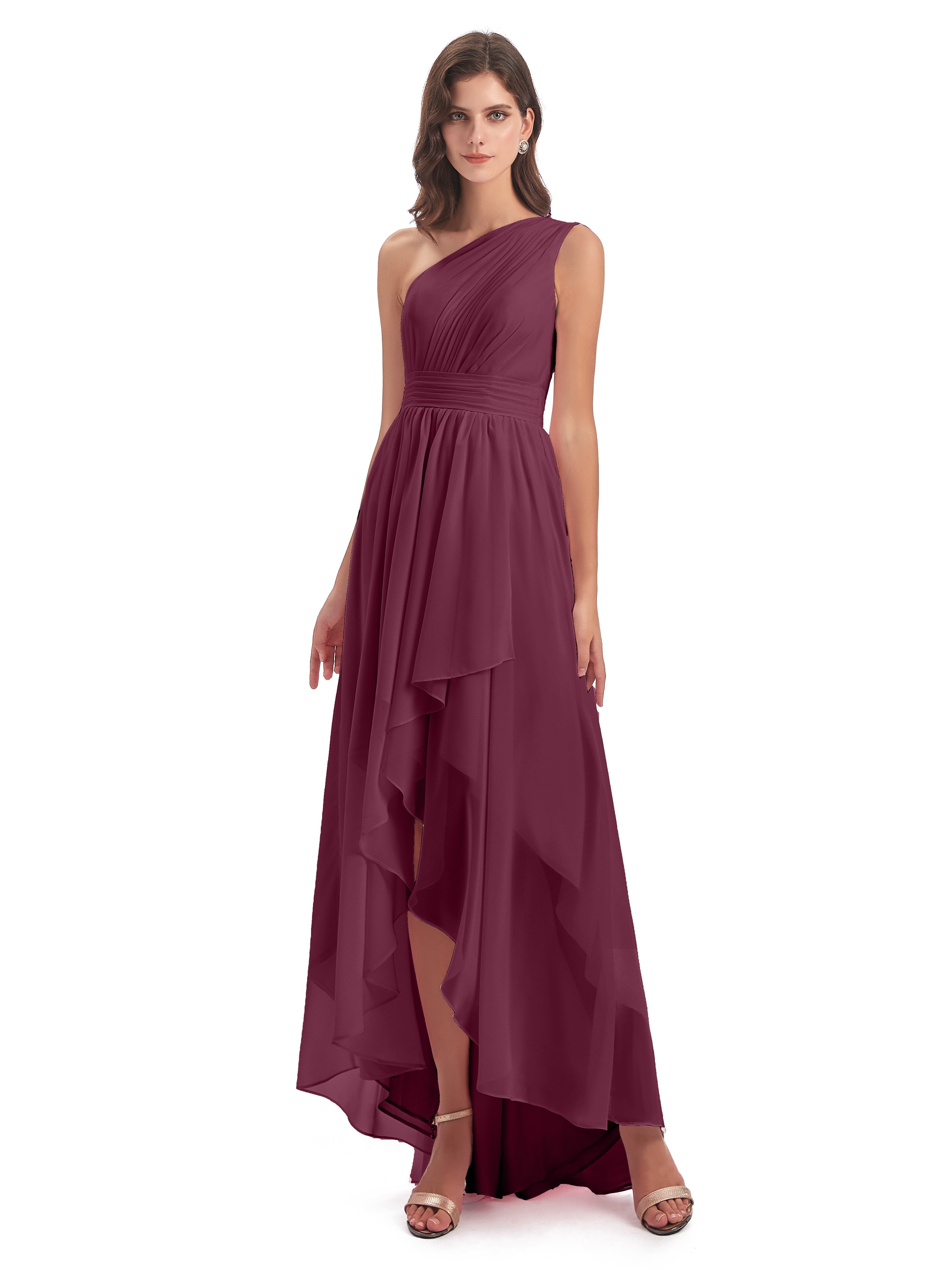 Robes De Demoiselle D'Honneur Mûre Asymétrique Seule-Épaule Mousseline Robes Demoiselle D'Honneur