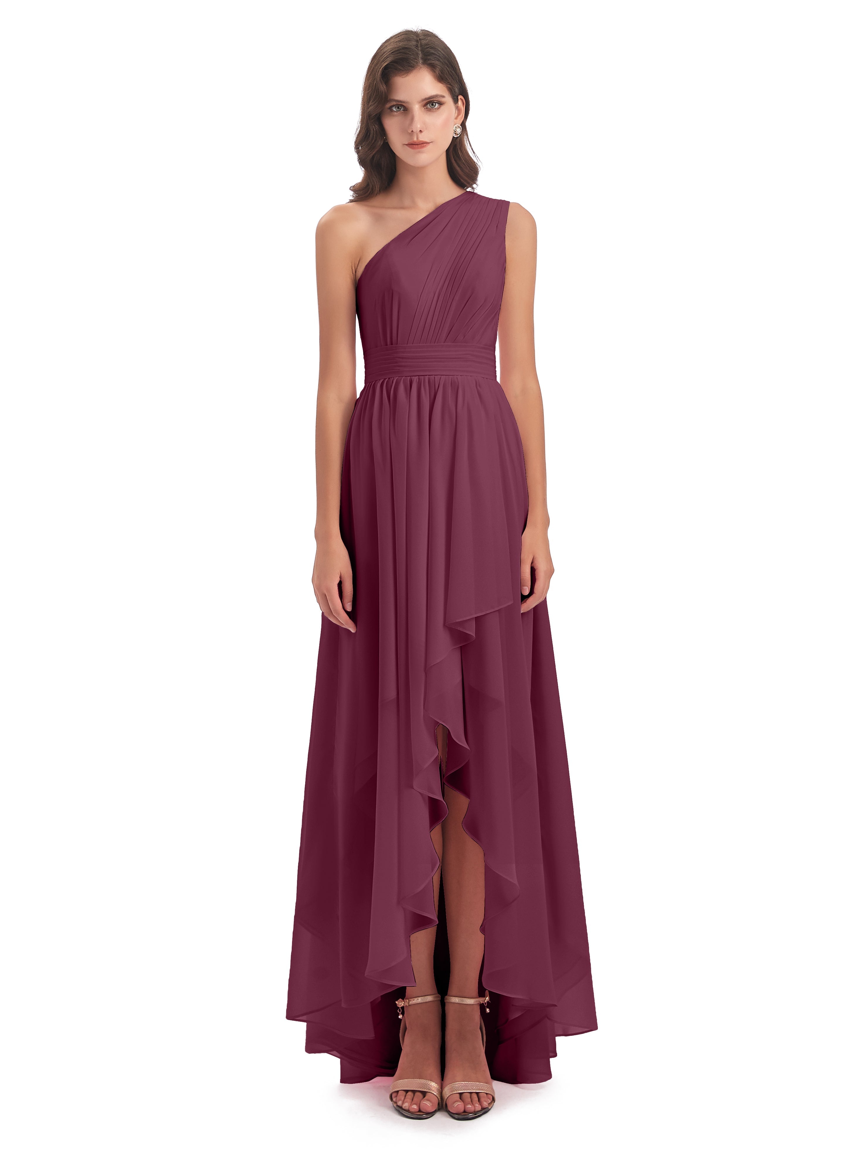 Robes De Demoiselle D'Honneur Mûre Asymétrique Seule-Épaule Mousseline Robes Demoiselle D'Honneur
