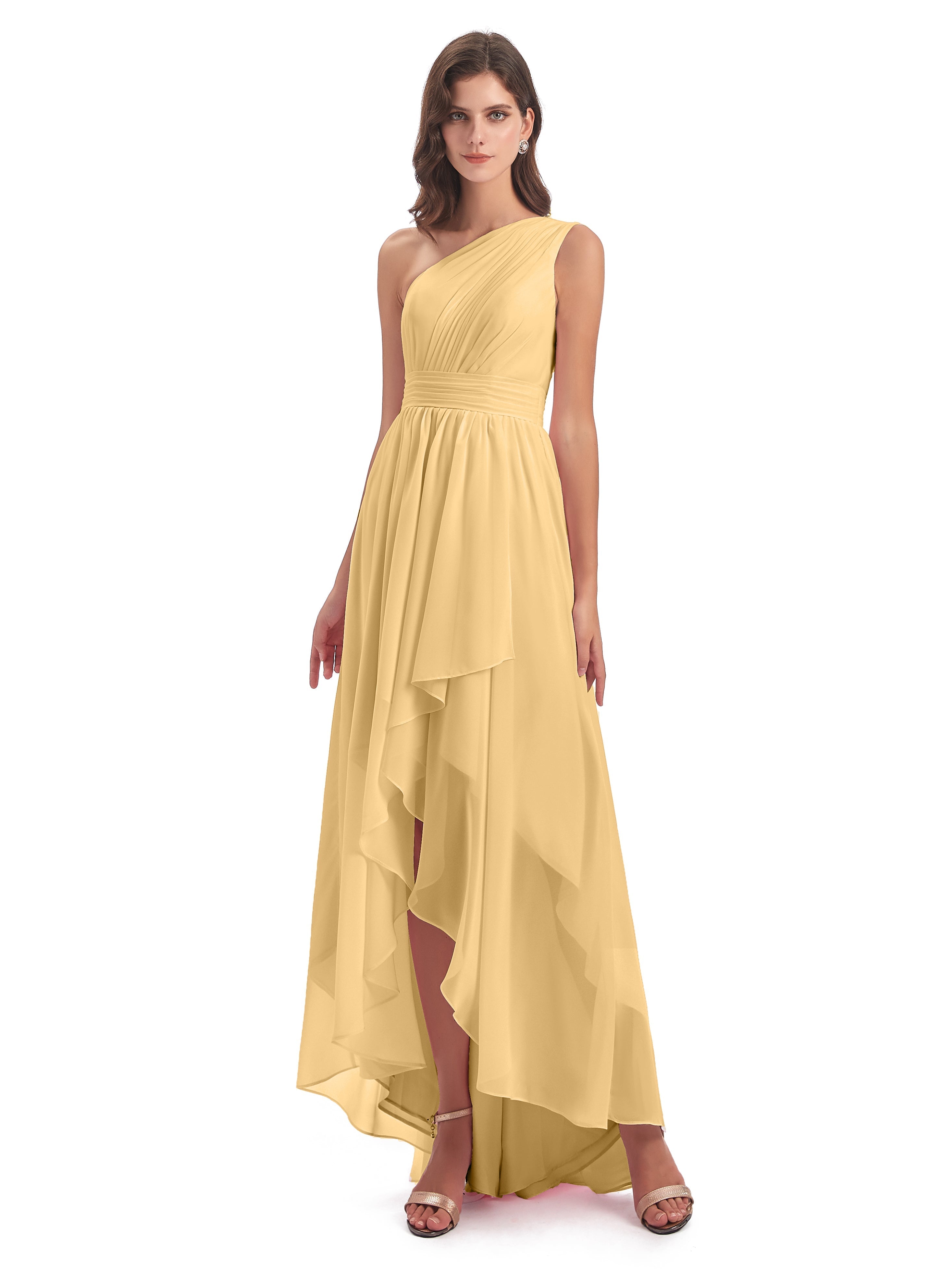 Robe Demoiselle D Honneur Or Asymétrique Seule-Épaule Mousseline Robes Demoiselle D'Honneur