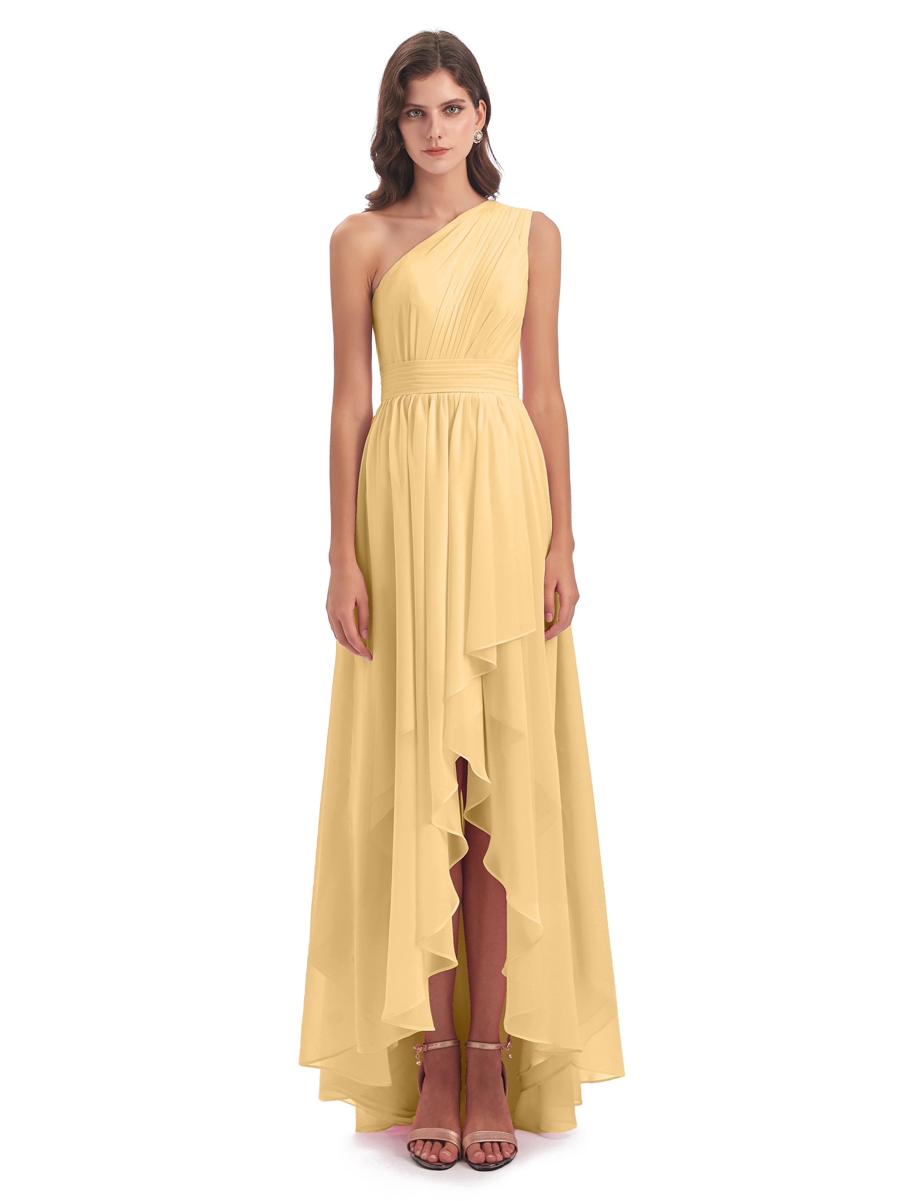 Robe Demoiselle D Honneur Or Asymétrique Seule-Épaule Mousseline Robes Demoiselle D'Honneur