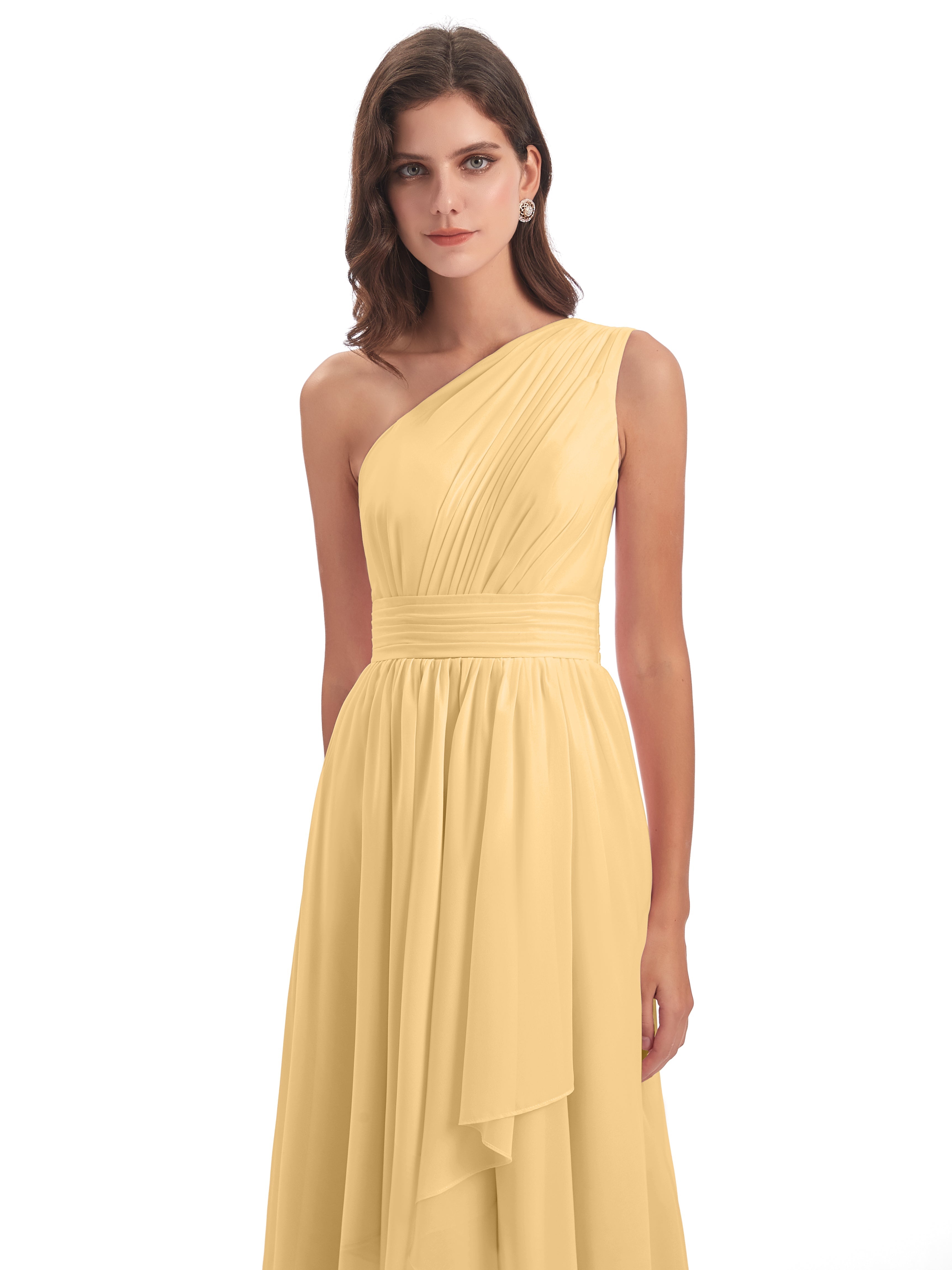 Robe Demoiselle D Honneur Or Asymétrique Seule-Épaule Mousseline Robes Demoiselle D'Honneur