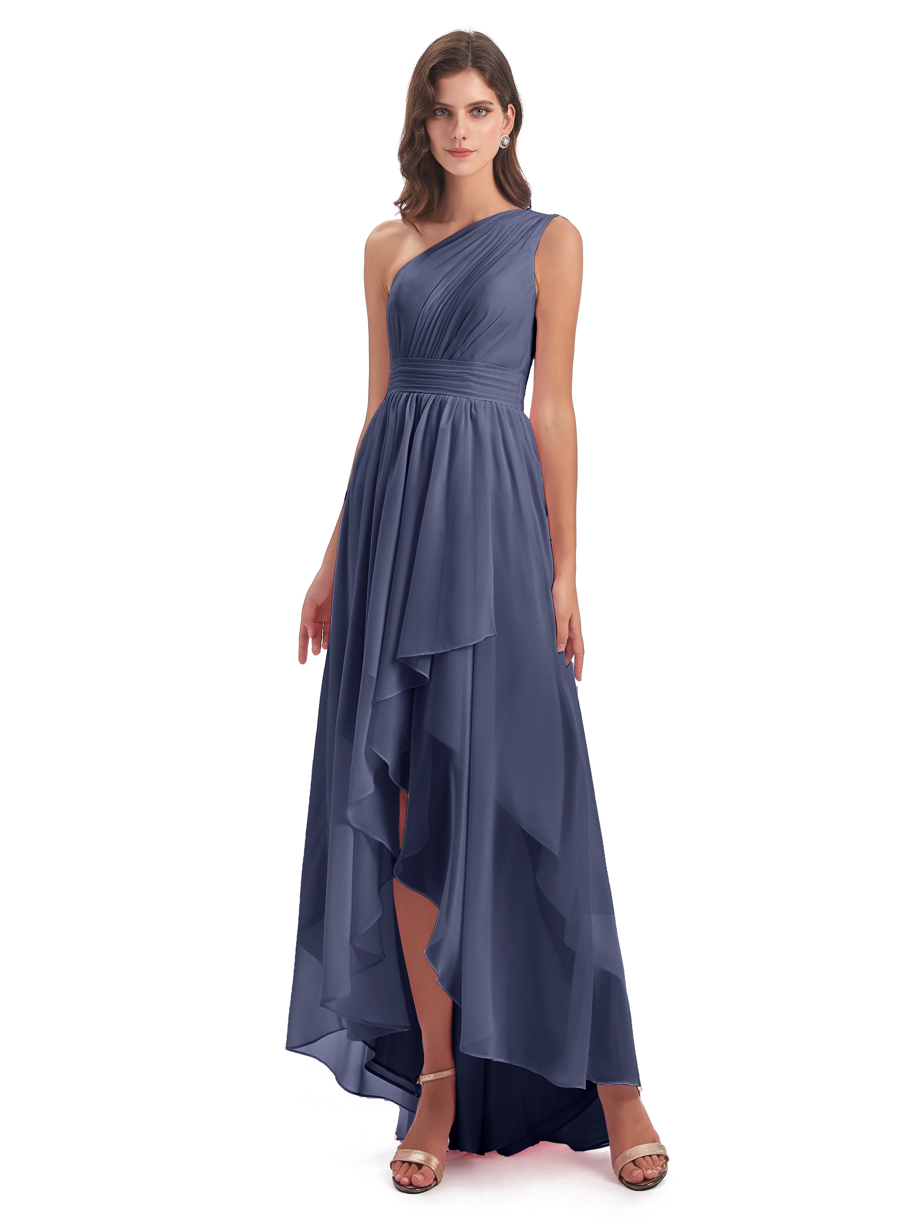 Robes De Demoiselle D'Honneur Bleu Orageux Asymétrique Seule-Épaule Mousseline Robes Demoiselle D'Honneur