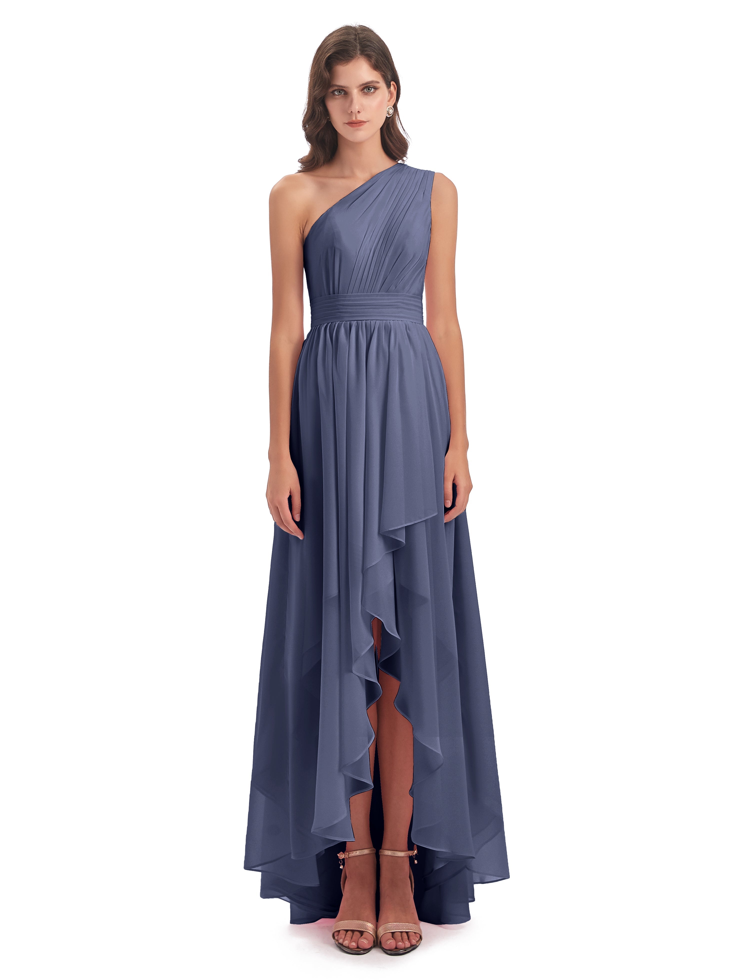 Robes De Demoiselle D'Honneur Bleu Orageux Asymétrique Seule-Épaule Mousseline Robes Demoiselle D'Honneur
