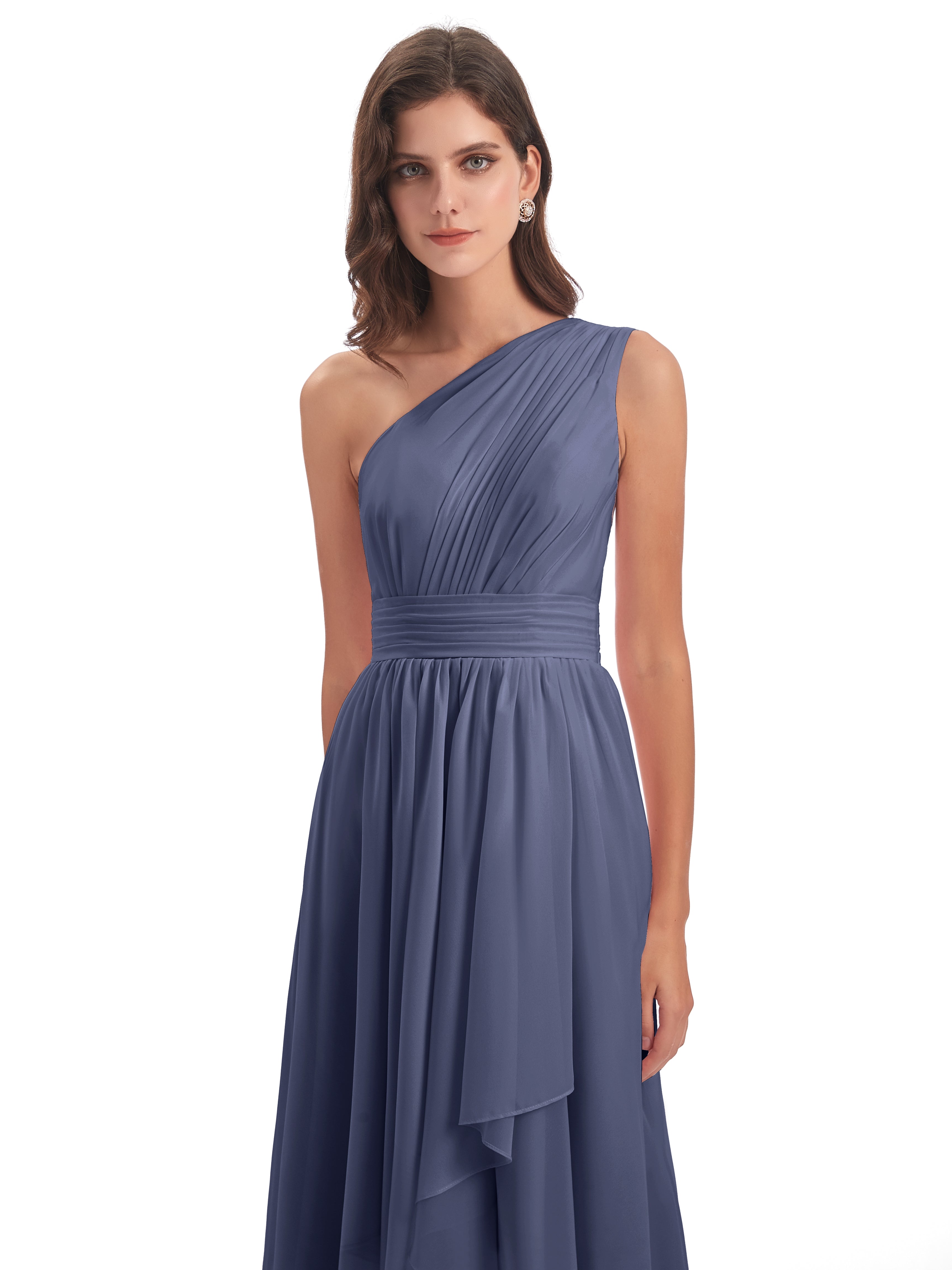 Robes De Demoiselle D'Honneur Bleu Orageux Asymétrique Seule-Épaule Mousseline Robes Demoiselle D'Honneur