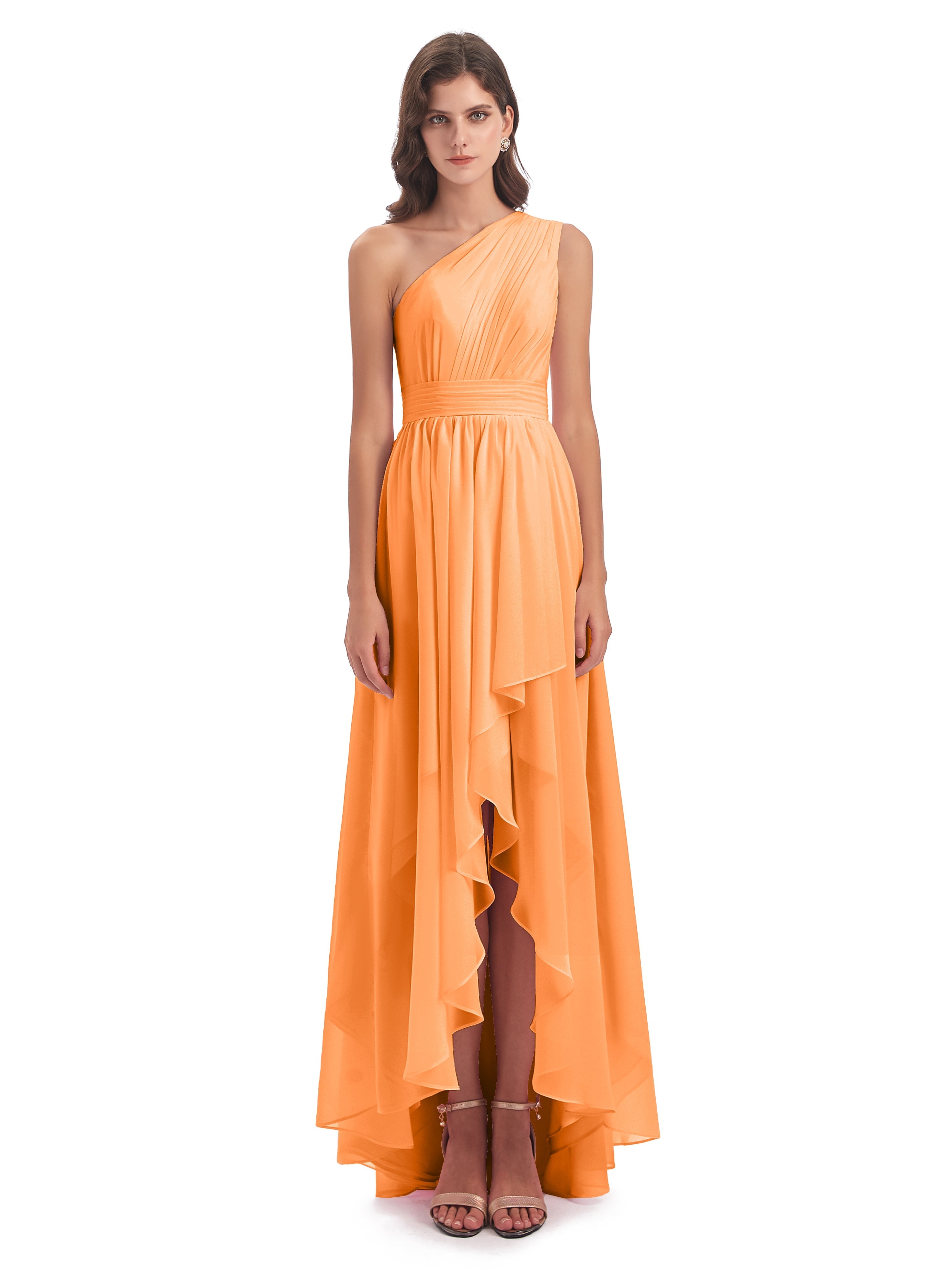 Robe Demoiselle D Honneur Orange Vif Asymétrique Seule-Épaule Mousseline Robes Demoiselle D'Honneur