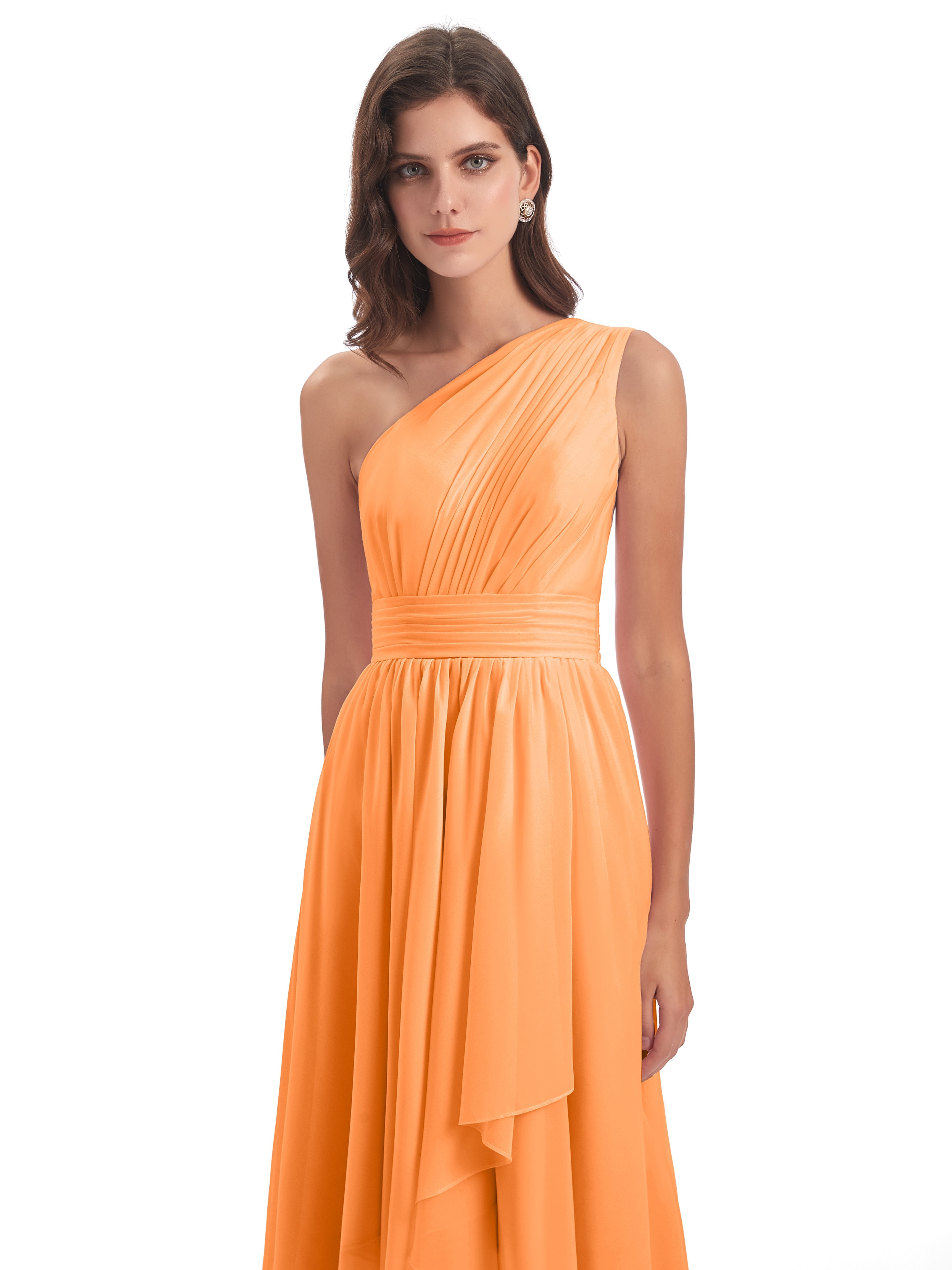 Robe Demoiselle D Honneur Orange Vif Asymétrique Seule-Épaule Mousseline Robes Demoiselle D'Honneur