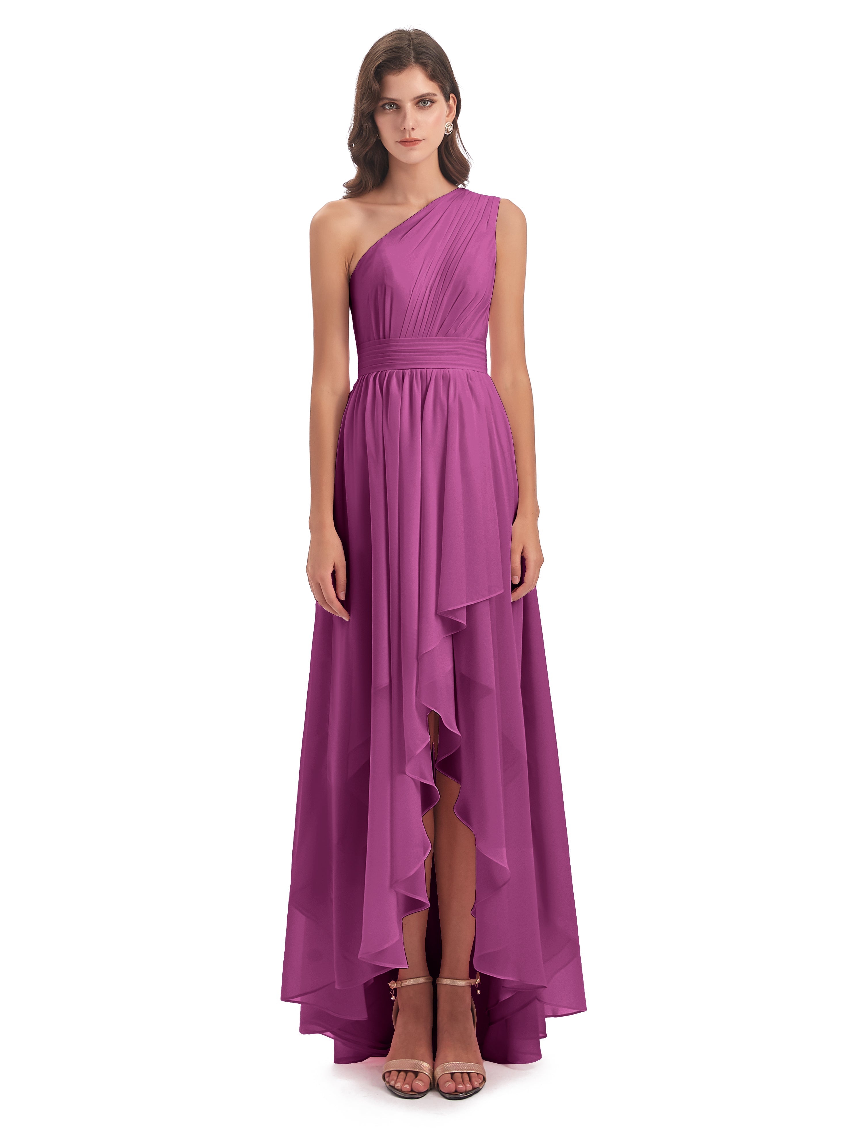 Robes De Demoiselle D'Honneur Orchidée Asymétrique Seule-Épaule Mousseline Robes Demoiselle D'Honneur