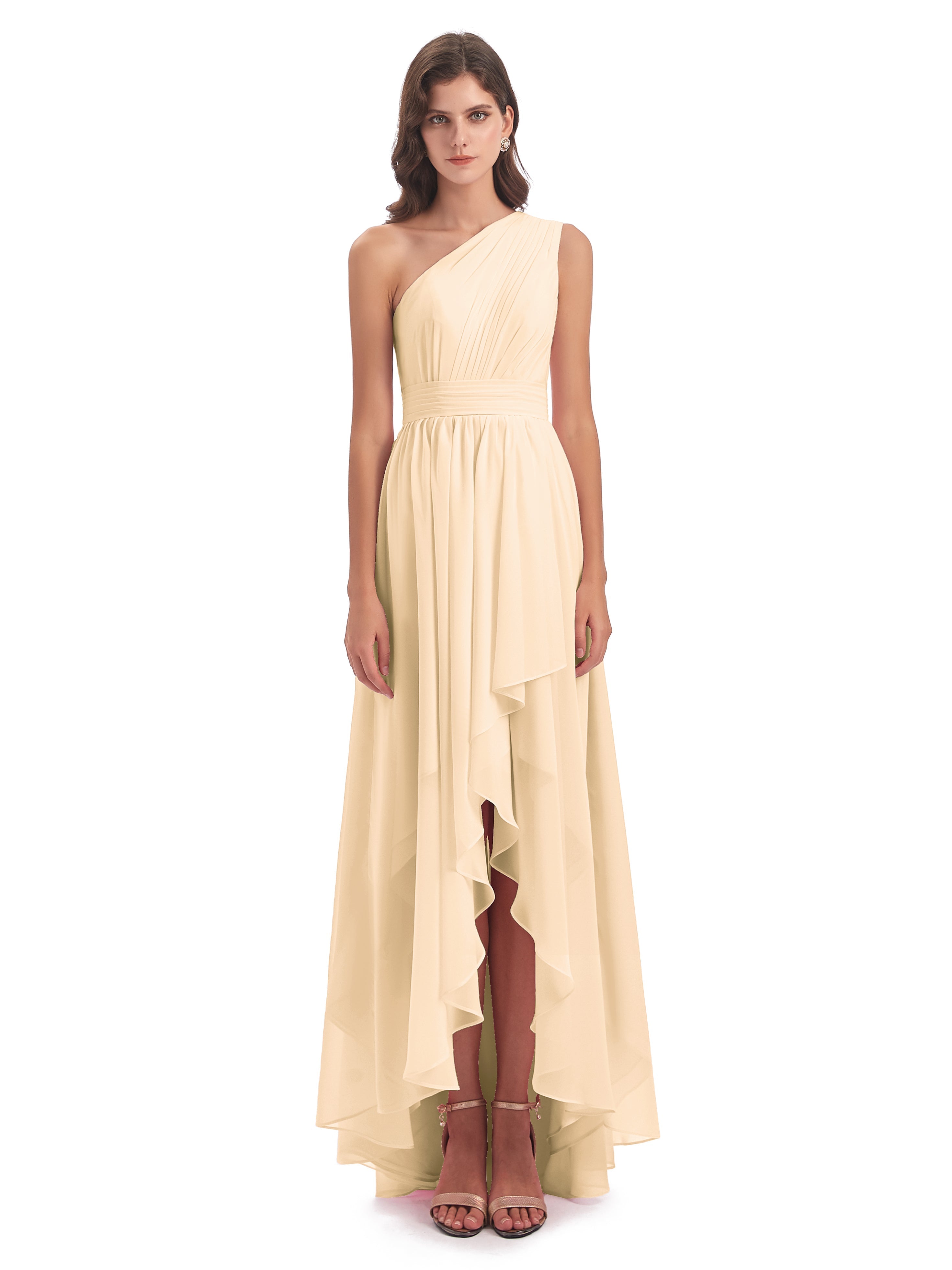 Robe De Demoiselle D Honneur Peche Asymétrique Seule-Épaule Mousseline Robes Demoiselle D'Honneur