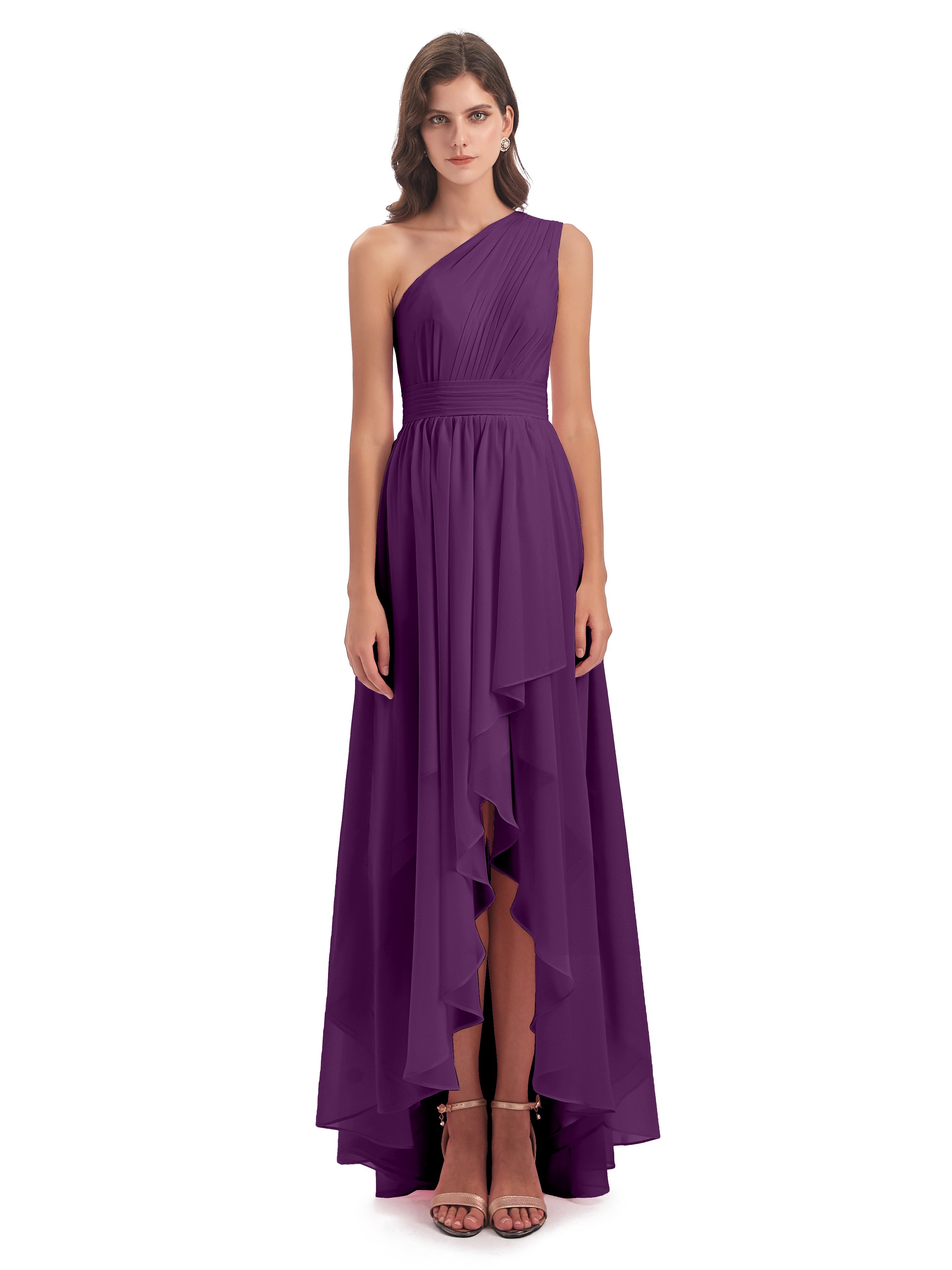 Robes De Demoiselle D'Honneur En Raisin Asymétrique Seule-Épaule Mousseline Robes Demoiselle D'Honneur