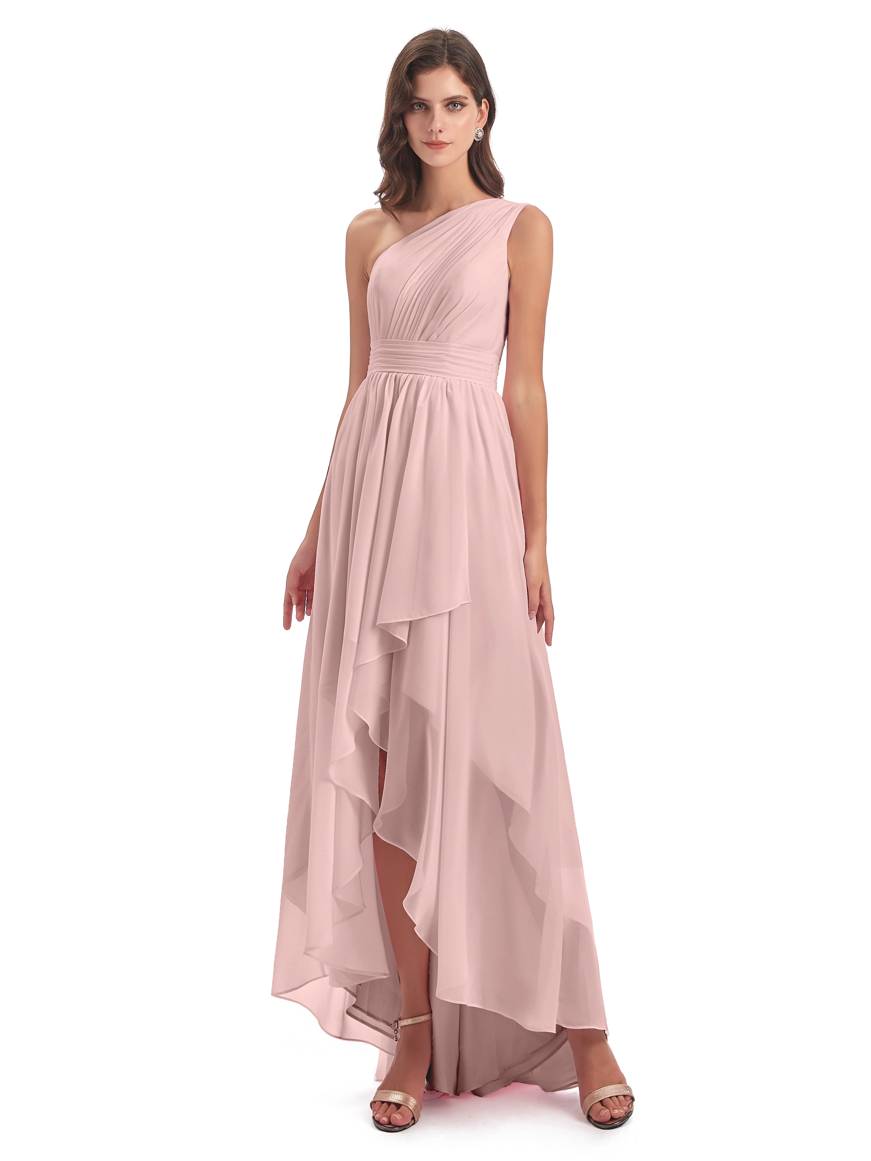 Robe Rose Poudré Demoiselle D Honneur Asymétrique Seule-Épaule Mousseline Robes Demoiselle D'Honneur