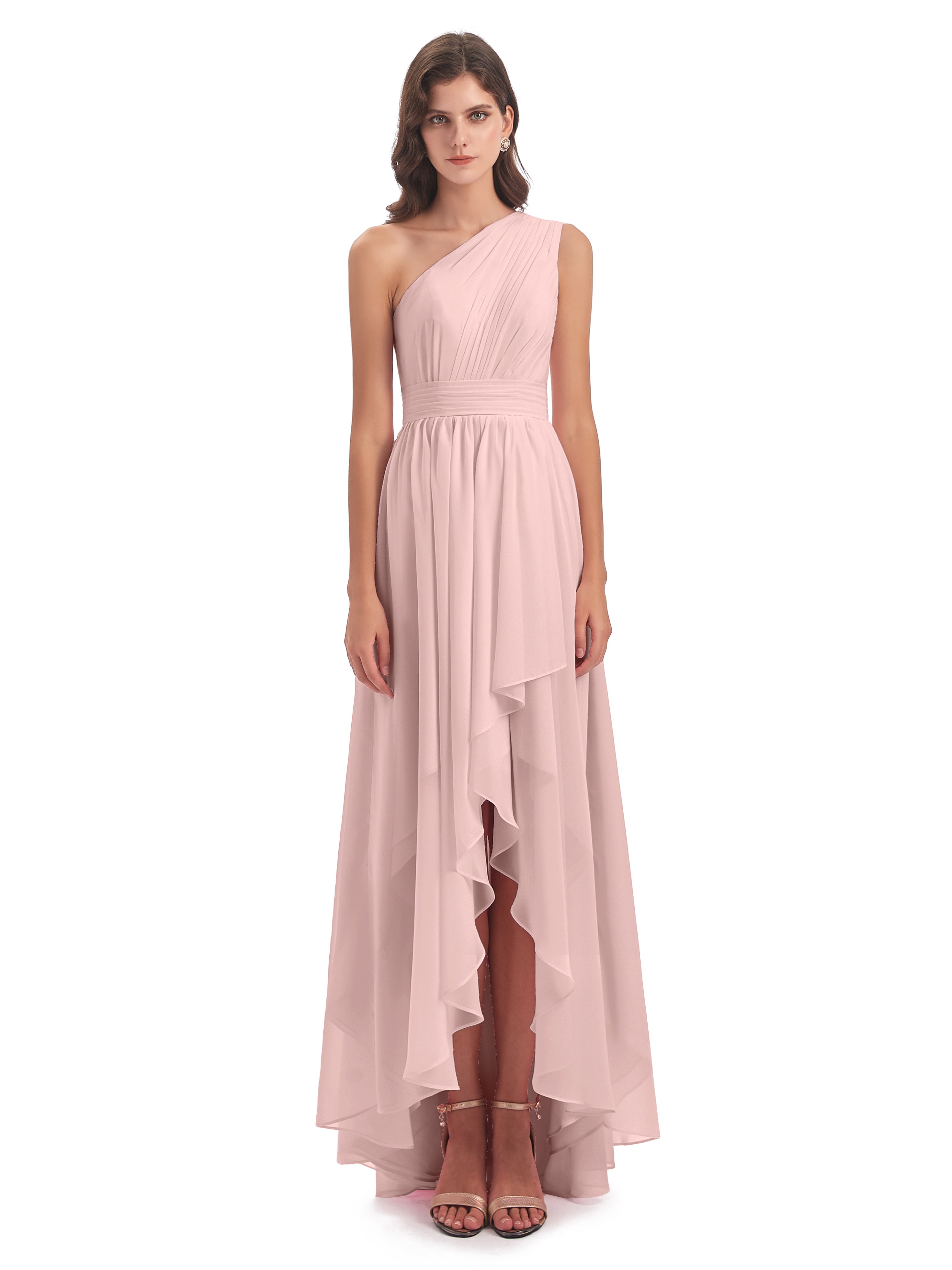 Robe Rose Poudré Demoiselle D Honneur Asymétrique Seule-Épaule Mousseline Robes Demoiselle D'Honneur