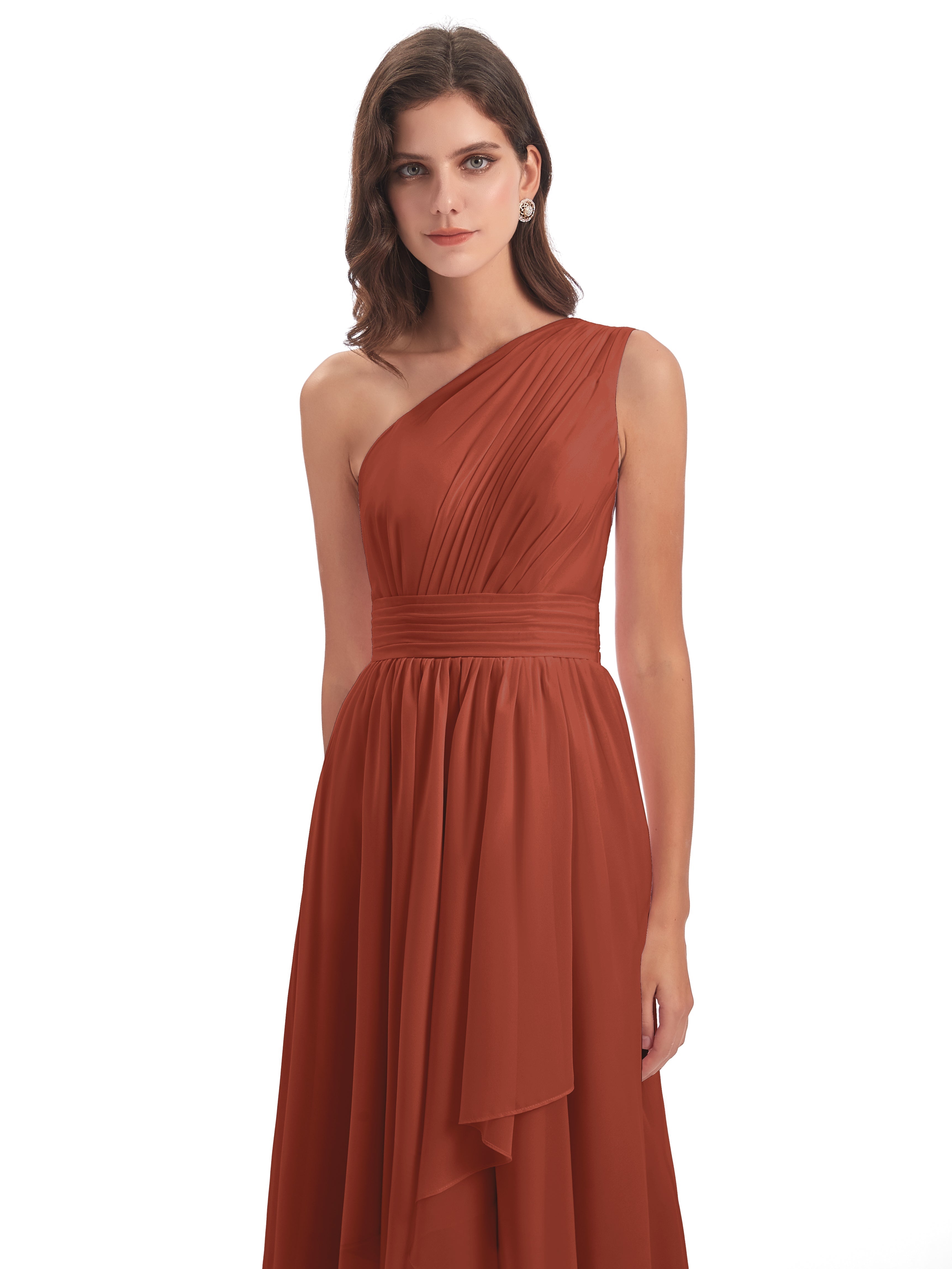 Robes De Demoiselle D'Honneur En Mousseline De Rouille Asymétrique Seule-Épaule Mousseline Robes Demoiselle D'Honneur