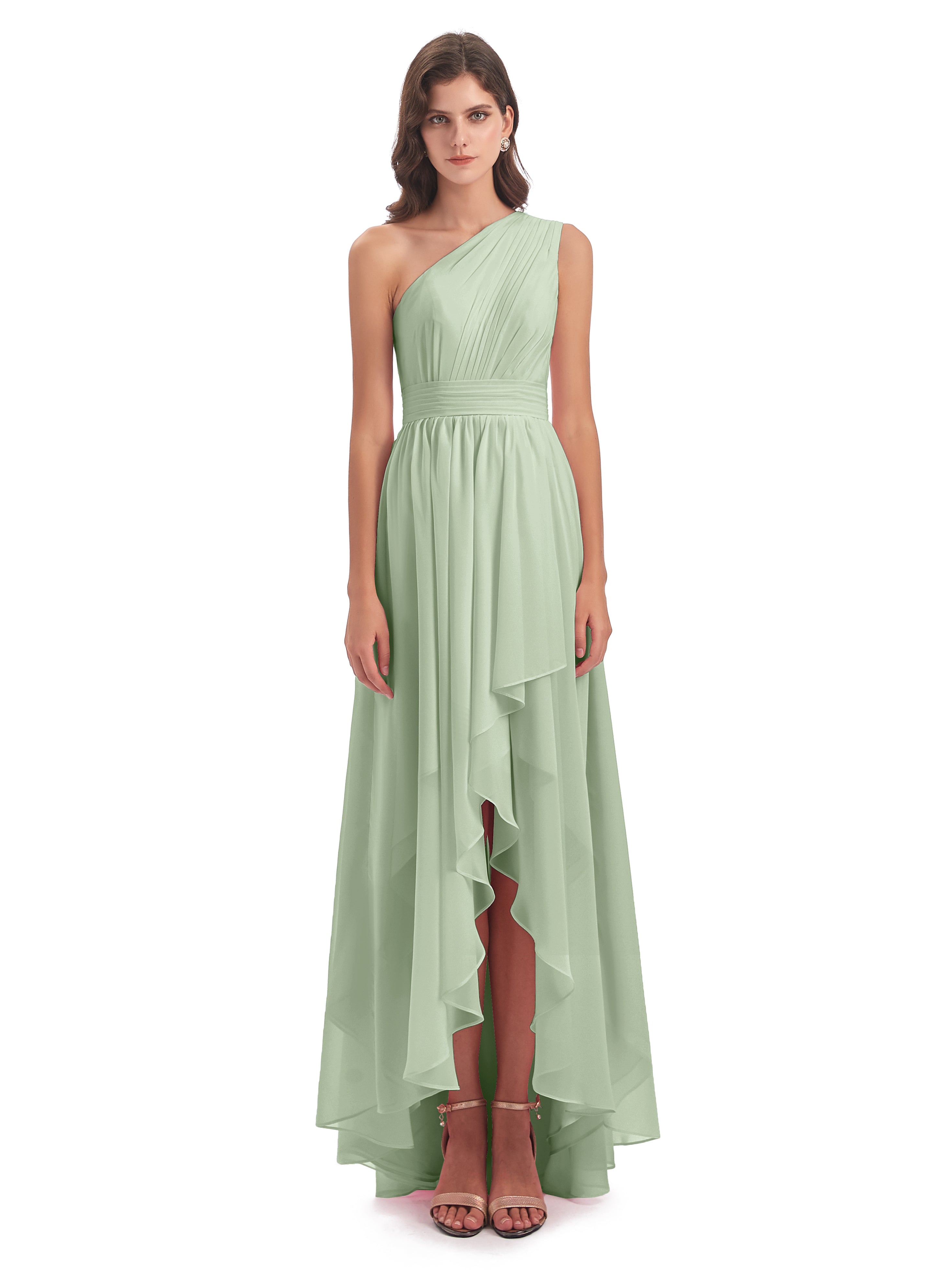 Sauge Poussiéreuse De Demoiselle D'Honneur Asymétrique Seule-Épaule Mousseline Robes Demoiselle D'Honneur