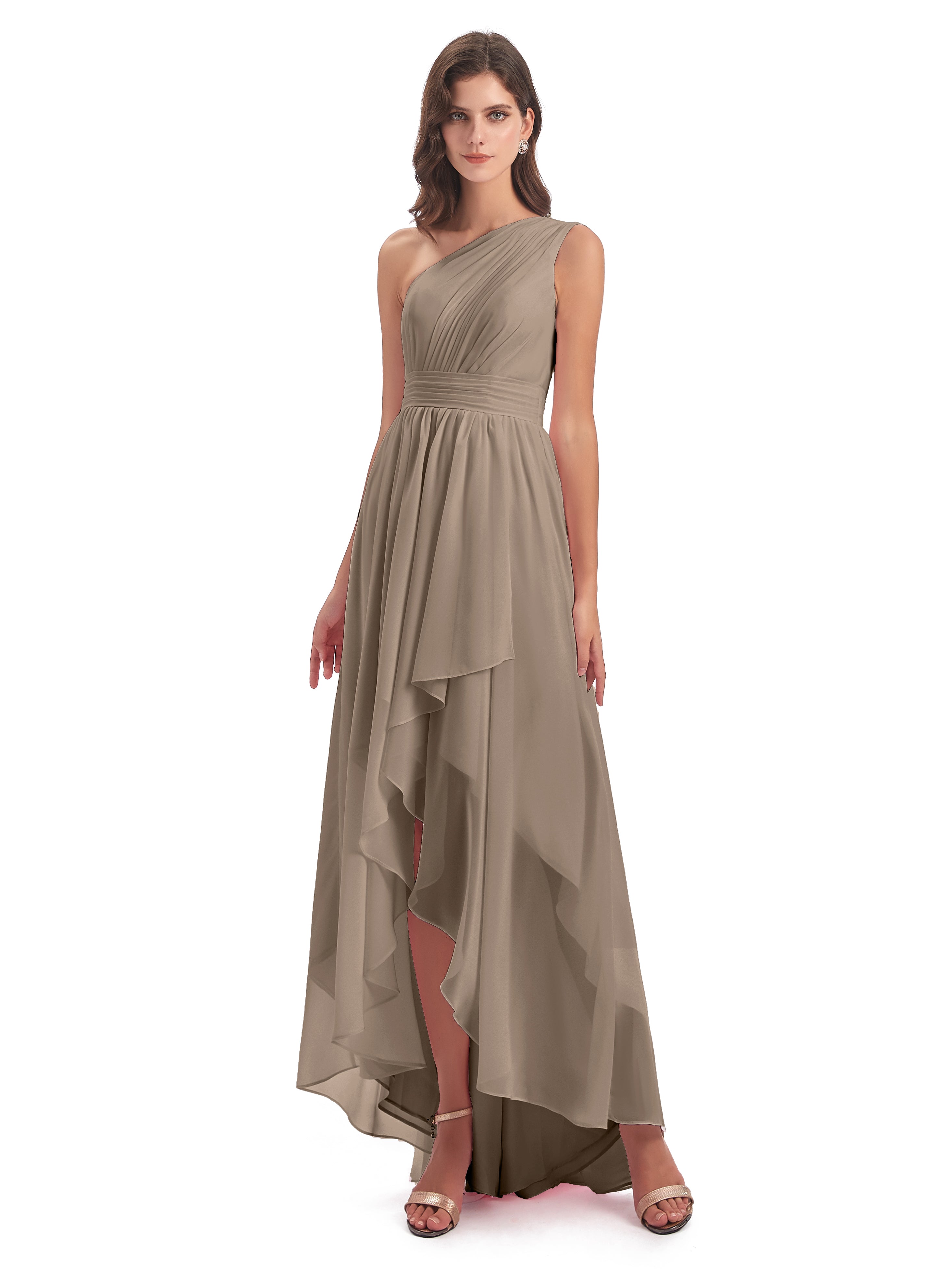 Couleur Taupe Robe Asymétrique Seule-Épaule Mousseline Robes Demoiselle D'Honneur