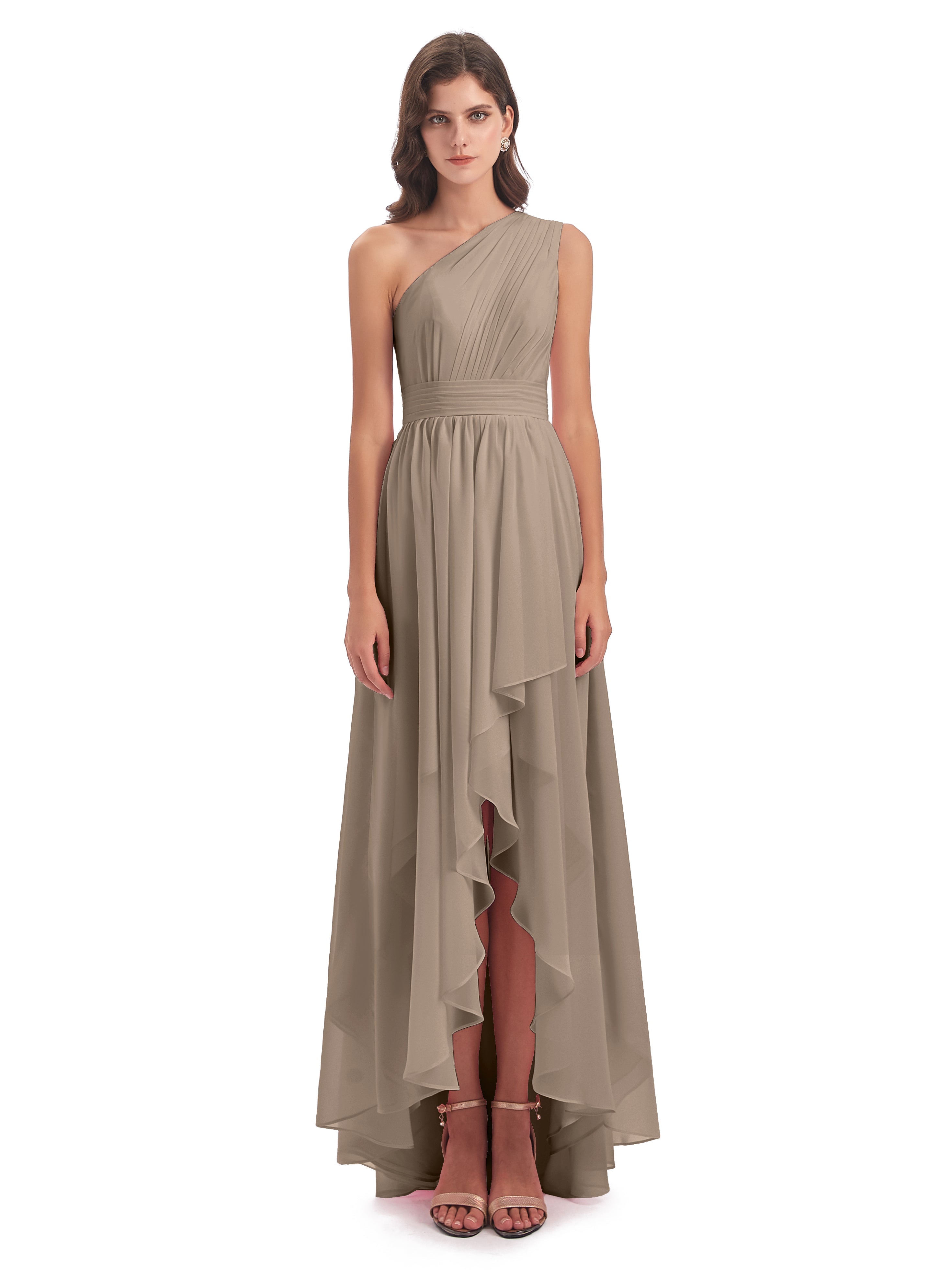 Couleur Taupe Robe Asymétrique Seule-Épaule Mousseline Robes Demoiselle D'Honneur