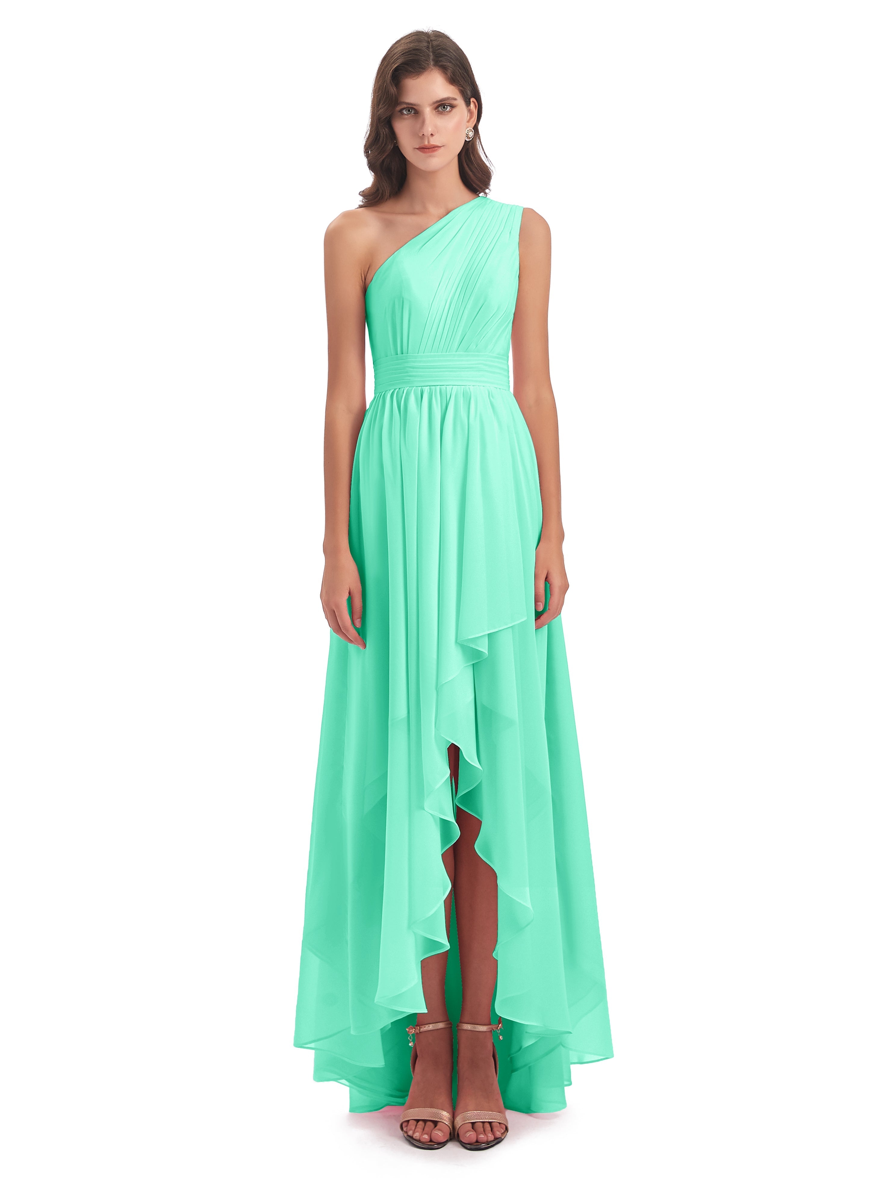 Demoiselle Dhonneur Robe Bleu Turquoise Asymétrique Seule-Épaule Mousseline Robes Demoiselle D'Honneur