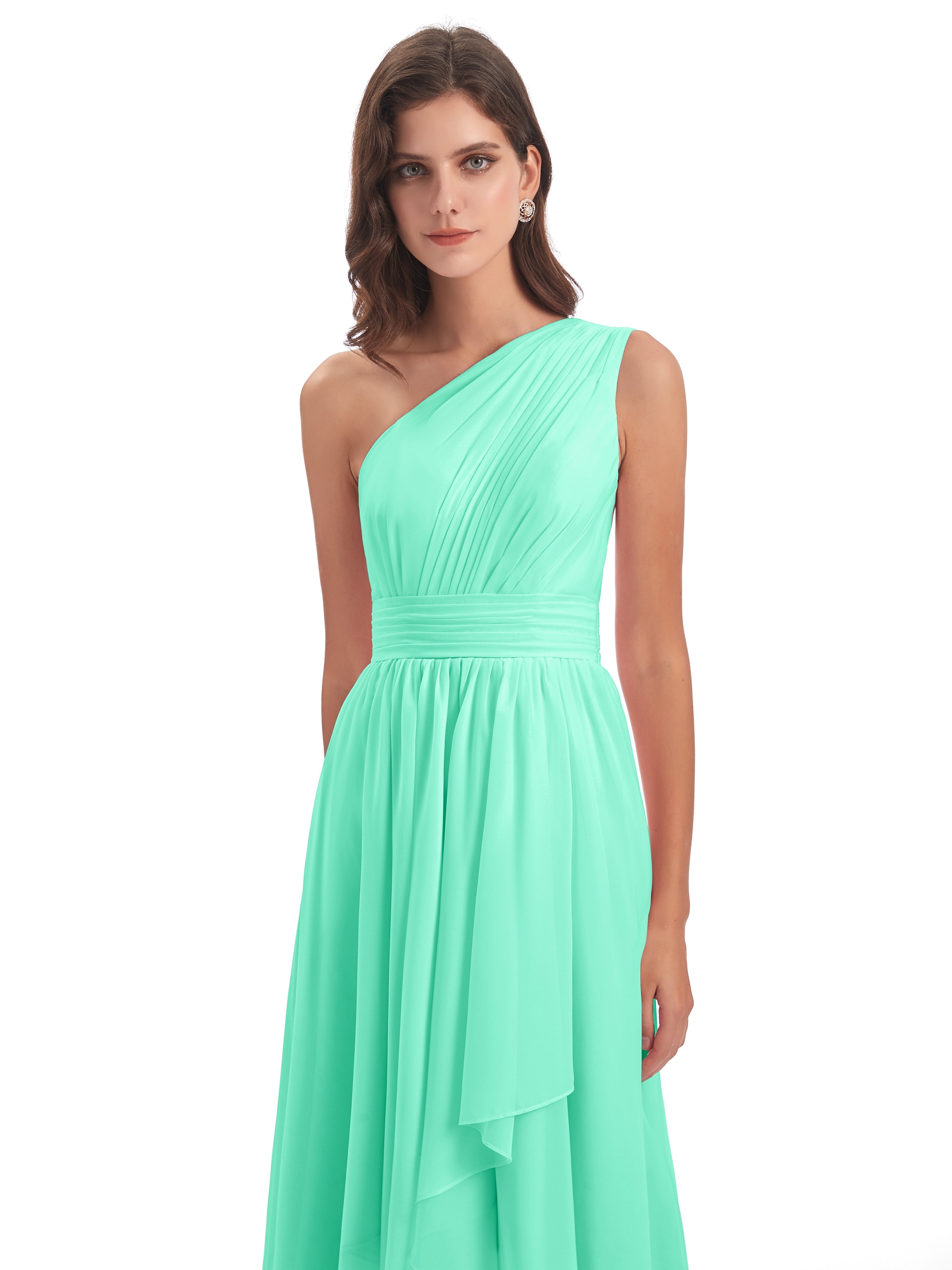 Demoiselle Dhonneur Robe Bleu Turquoise Asymétrique Seule-Épaule Mousseline Robes Demoiselle D'Honneur
