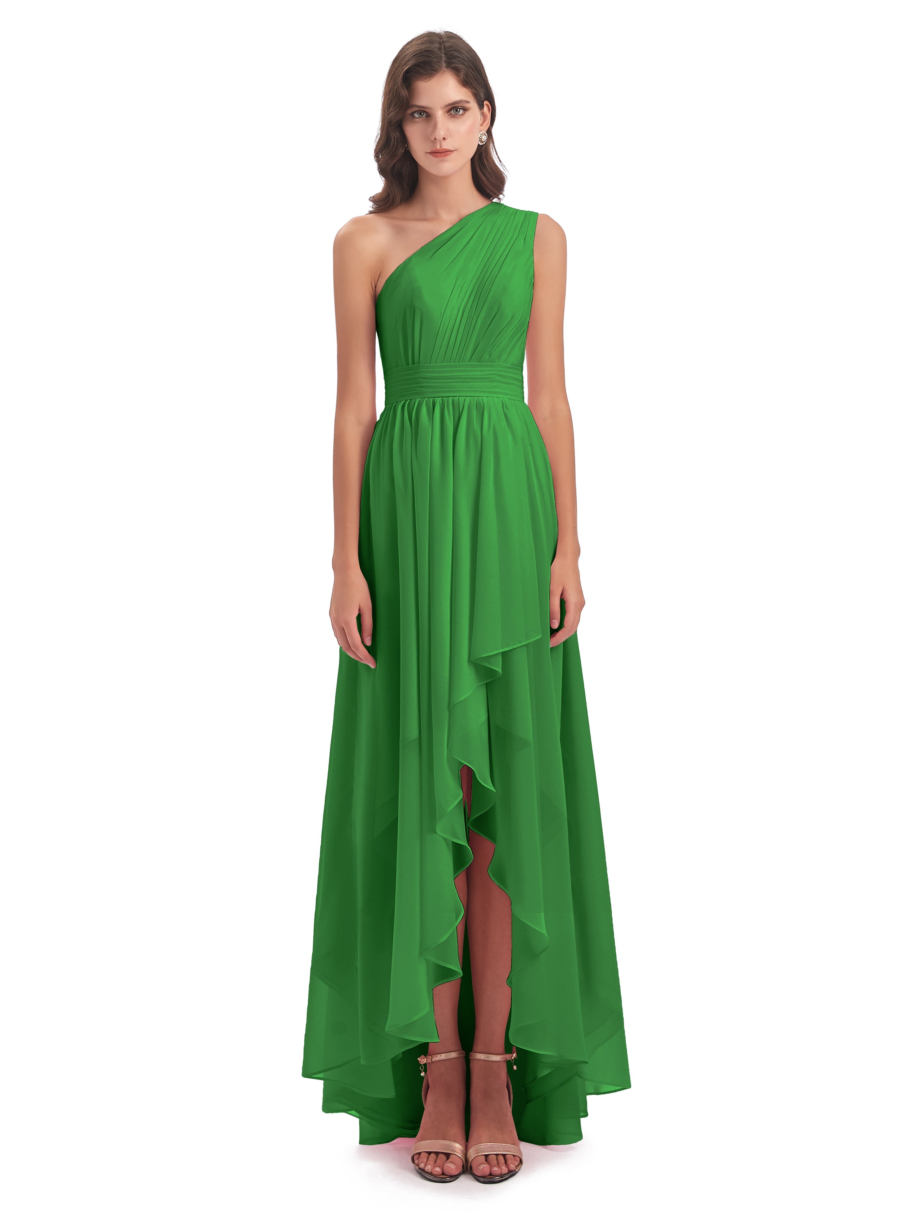 Robe Verte Demoiselle D Honneur Asymétrique Seule-Épaule Mousseline Robes Demoiselle D'Honneur
