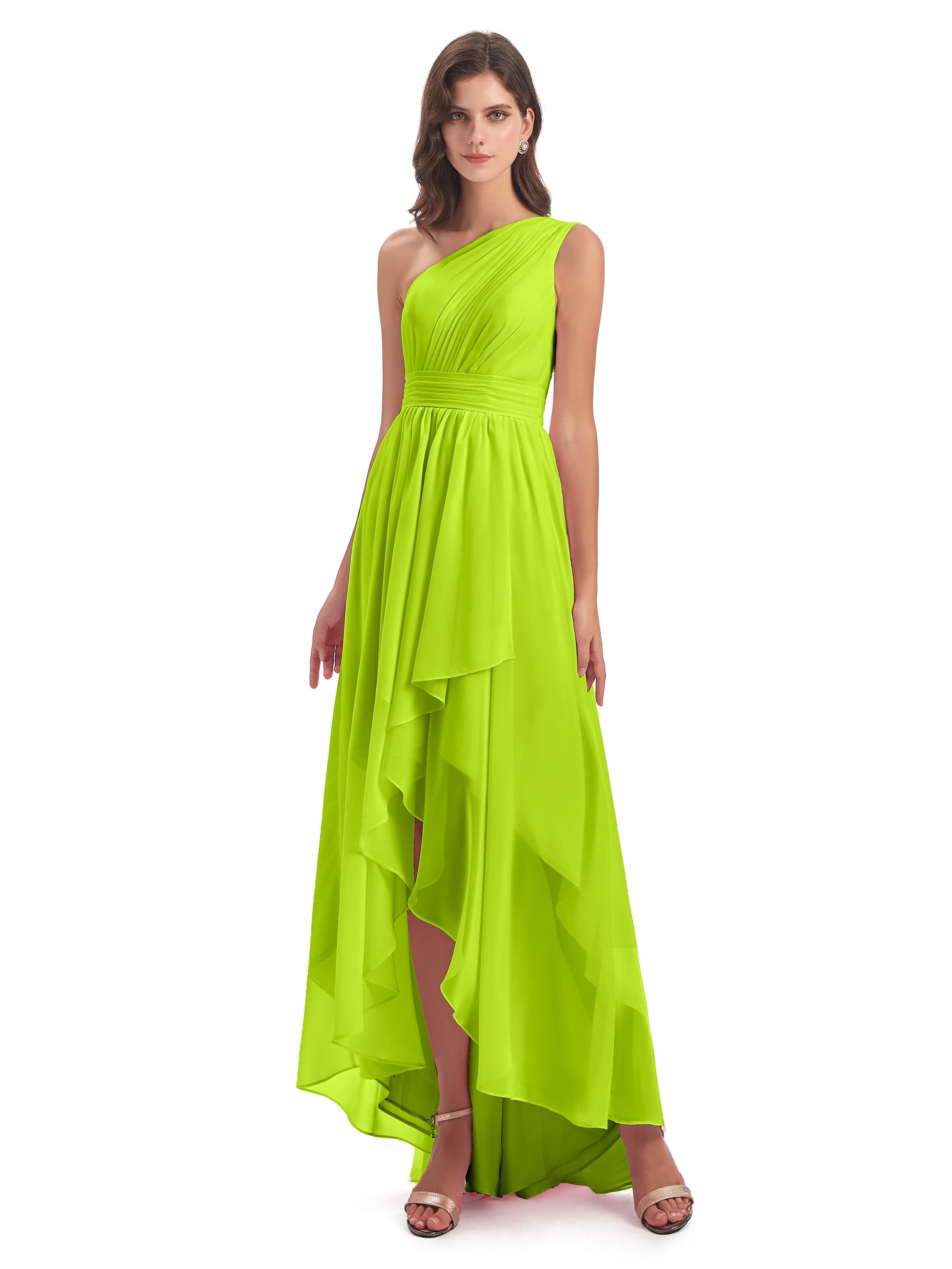 Robes De Demoiselle D'Honneur Vert Citron Asymétrique Seule-Épaule Mousseline Robes Demoiselle D'Honneur