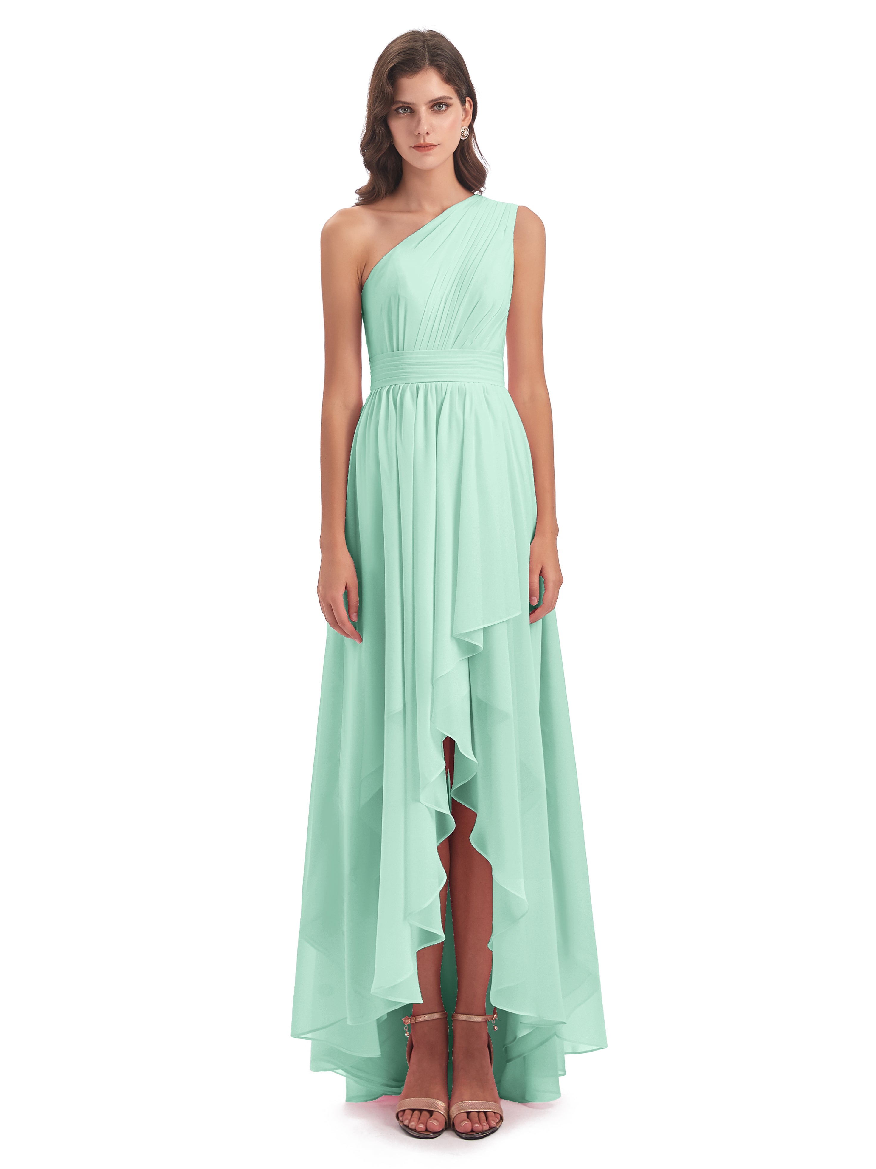 Robe Vert Menthe Demoiselle D Honneur Asymétrique Seule-Épaule Mousseline Robes Demoiselle D'Honneur