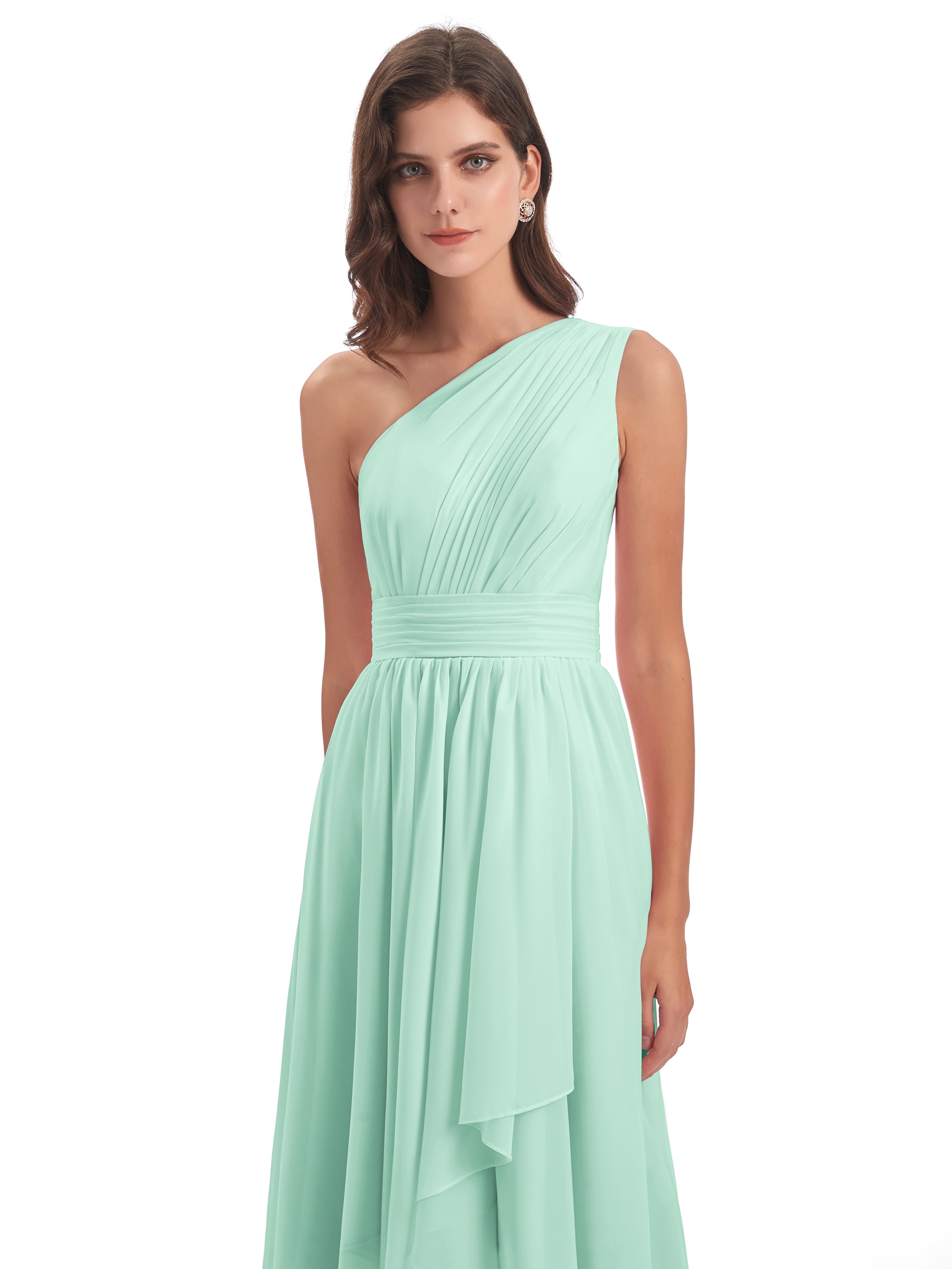 Robe Vert Menthe Demoiselle D Honneur Asymétrique Seule-Épaule Mousseline Robes Demoiselle D'Honneur