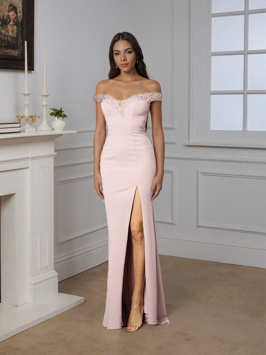 Cicinia ROSE PALE Robe de Soirée Longue en Dentelle Perlé Épaules Dénudées Fente Charmante