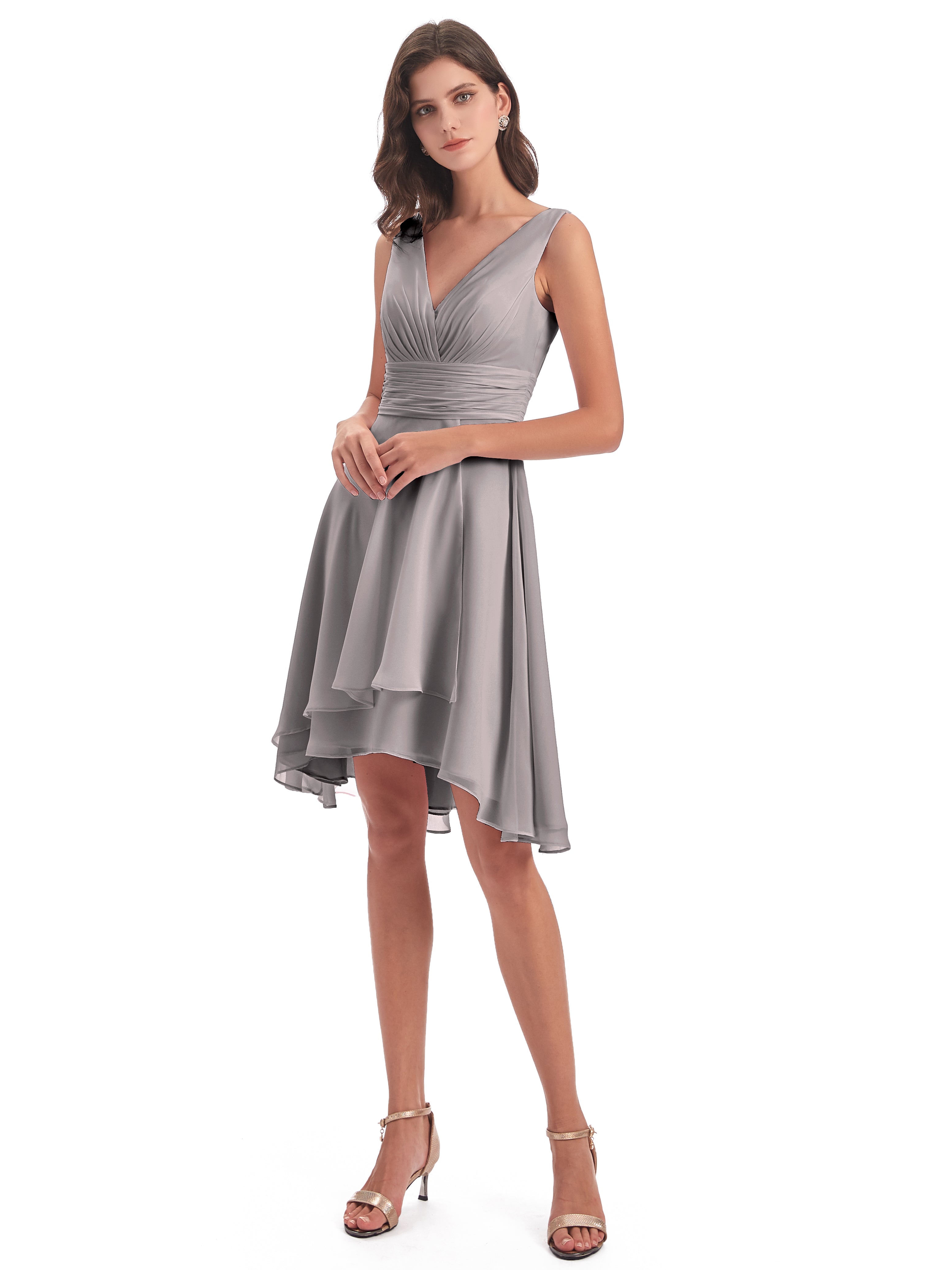 Robe Demoiselle D Honneur Argent Haute Basse Col V Robes Demoiselle D'Honneur
