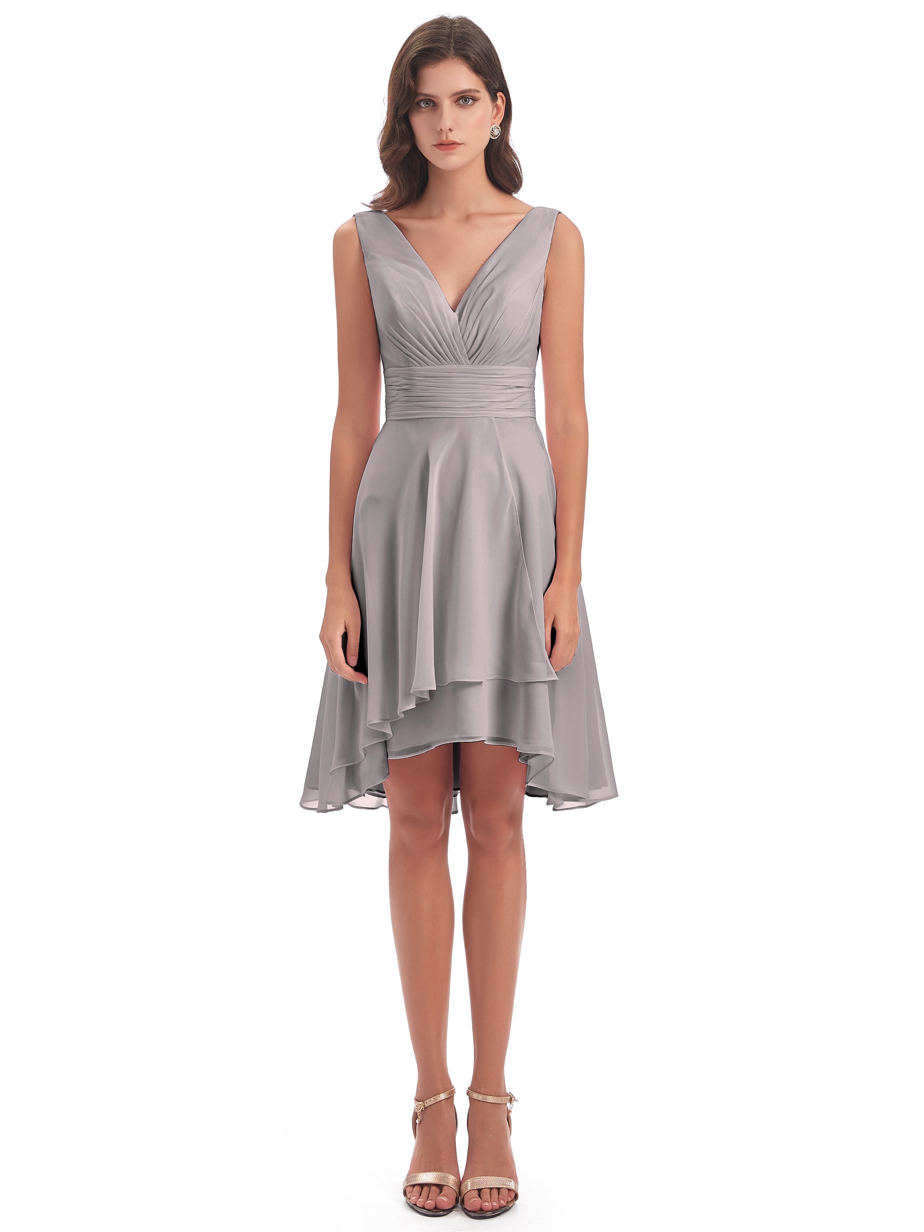 Robe Demoiselle D Honneur Argent Haute Basse Col V Robes Demoiselle D'Honneur