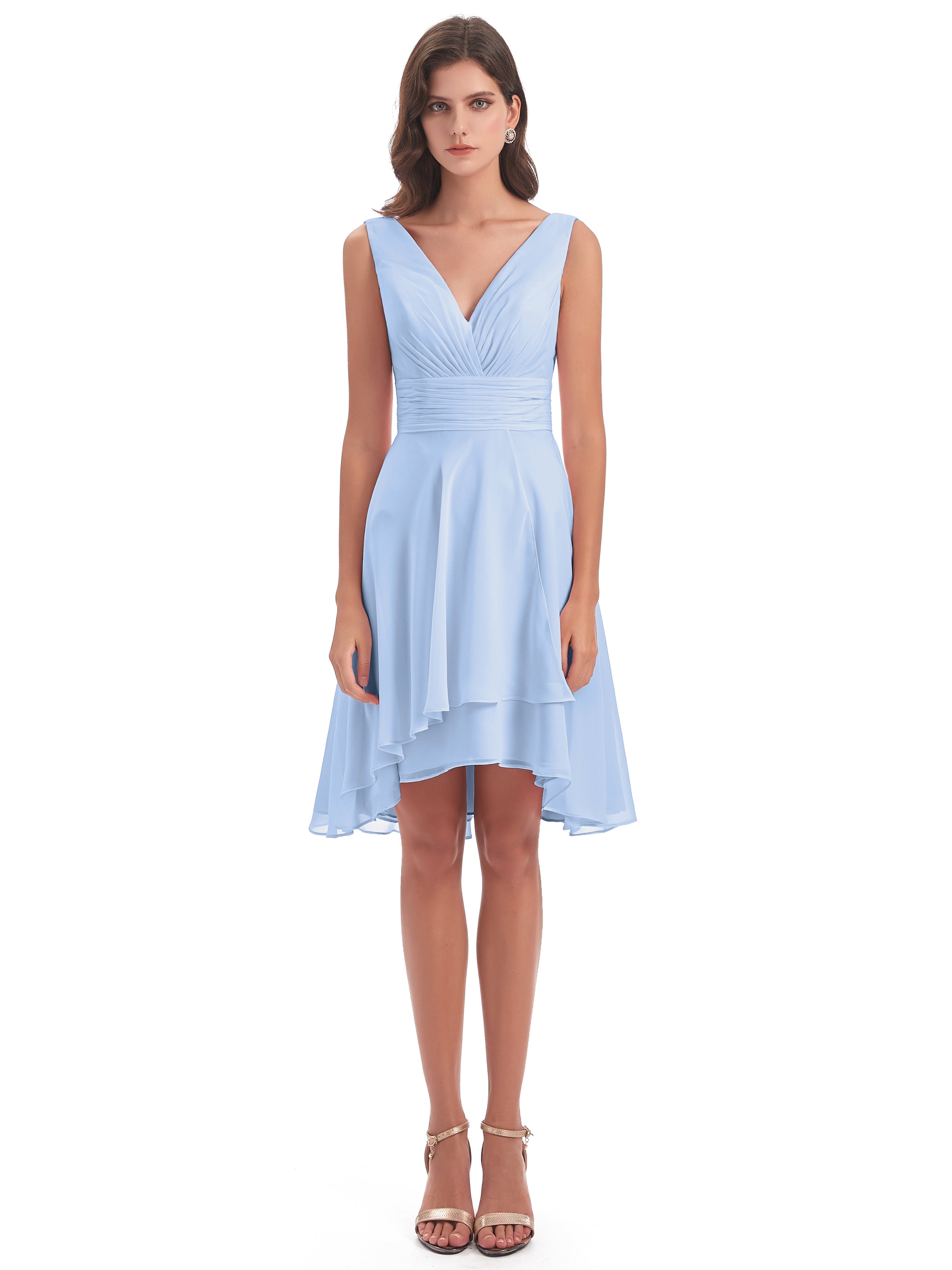 Robe Bleu Ciel Demoiselle D Honneur Haute Basse Col V Robes Demoiselle D'Honneur