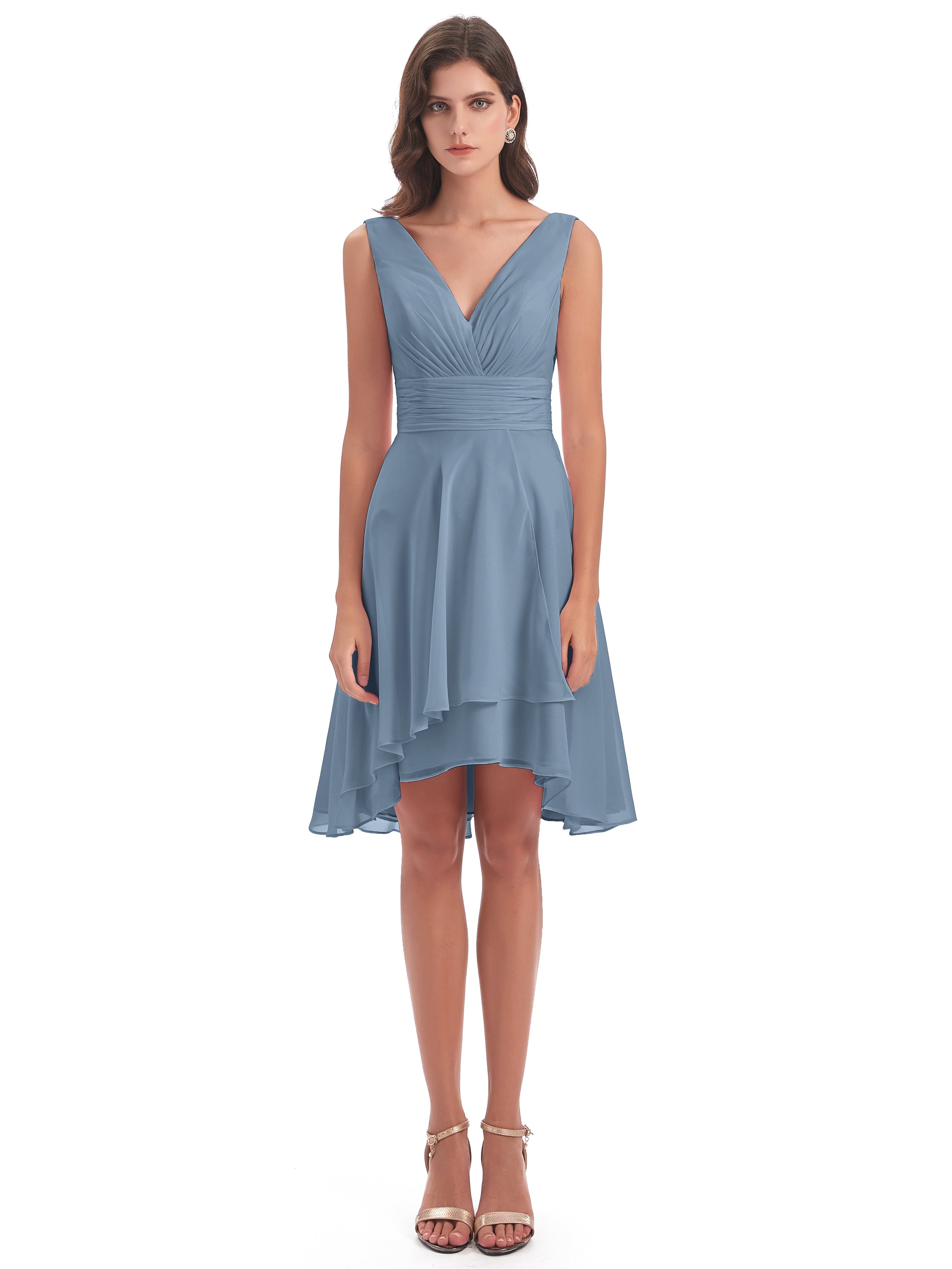 Robes De Demoiselle D'Honneur Bleu De Schiste Haute Basse Col V Robes Demoiselle D'Honneur