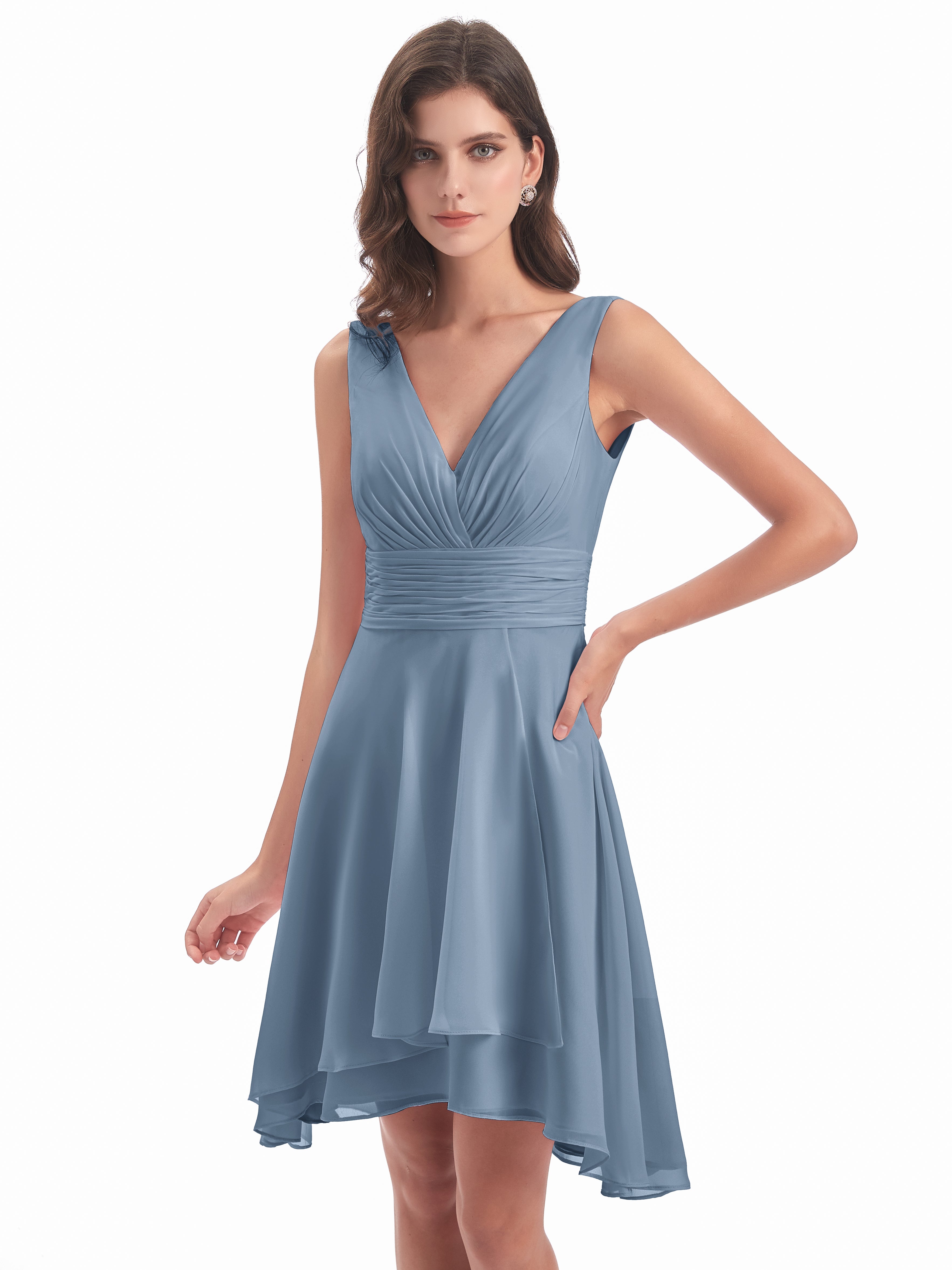 Robes De Demoiselle D'Honneur Bleu De Schiste Haute Basse Col V Robes Demoiselle D'Honneur