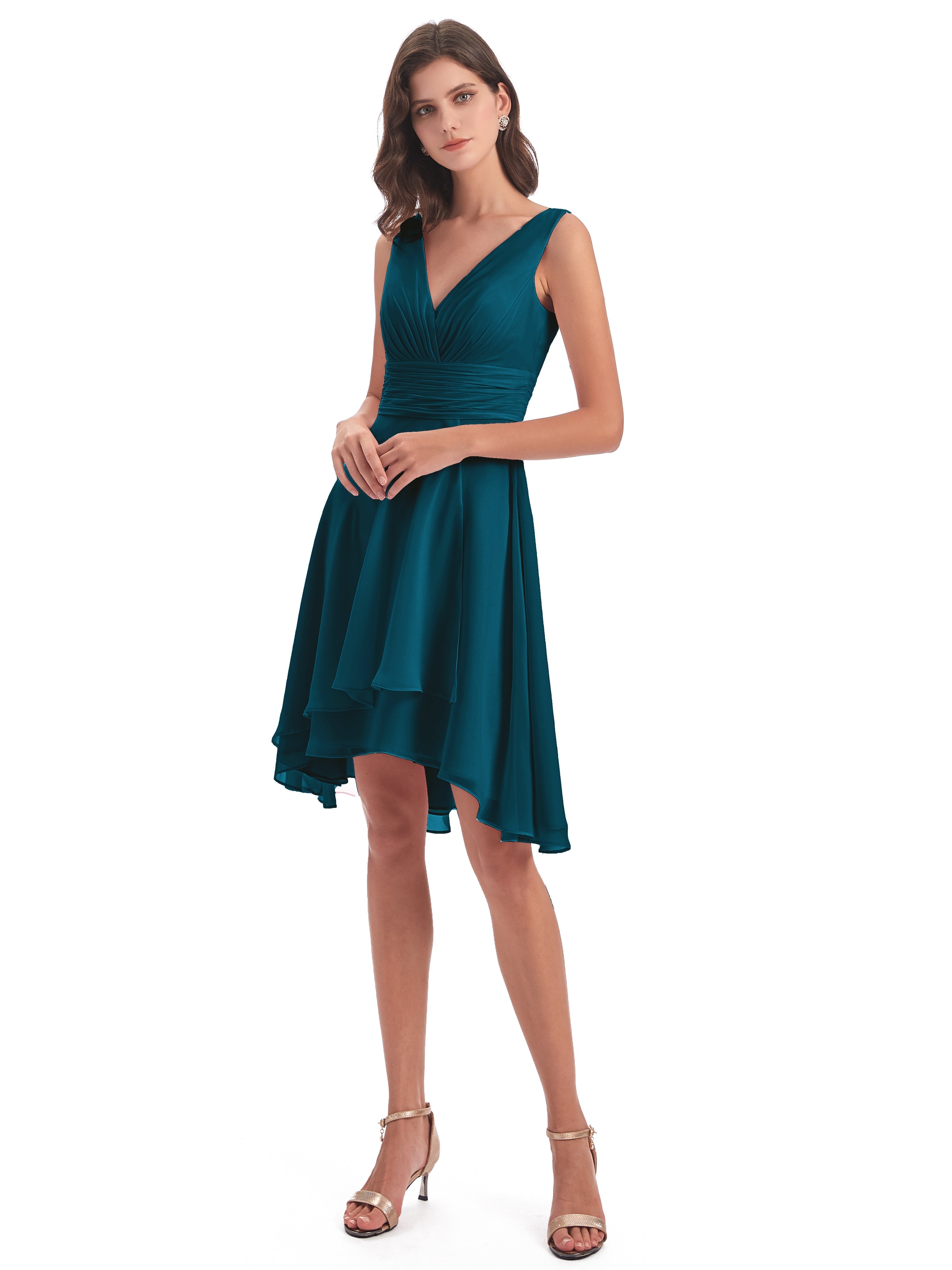 Robe De Demoiselle D'Honneur Bleu Encre Haute Basse Col V Robes Demoiselle D'Honneur