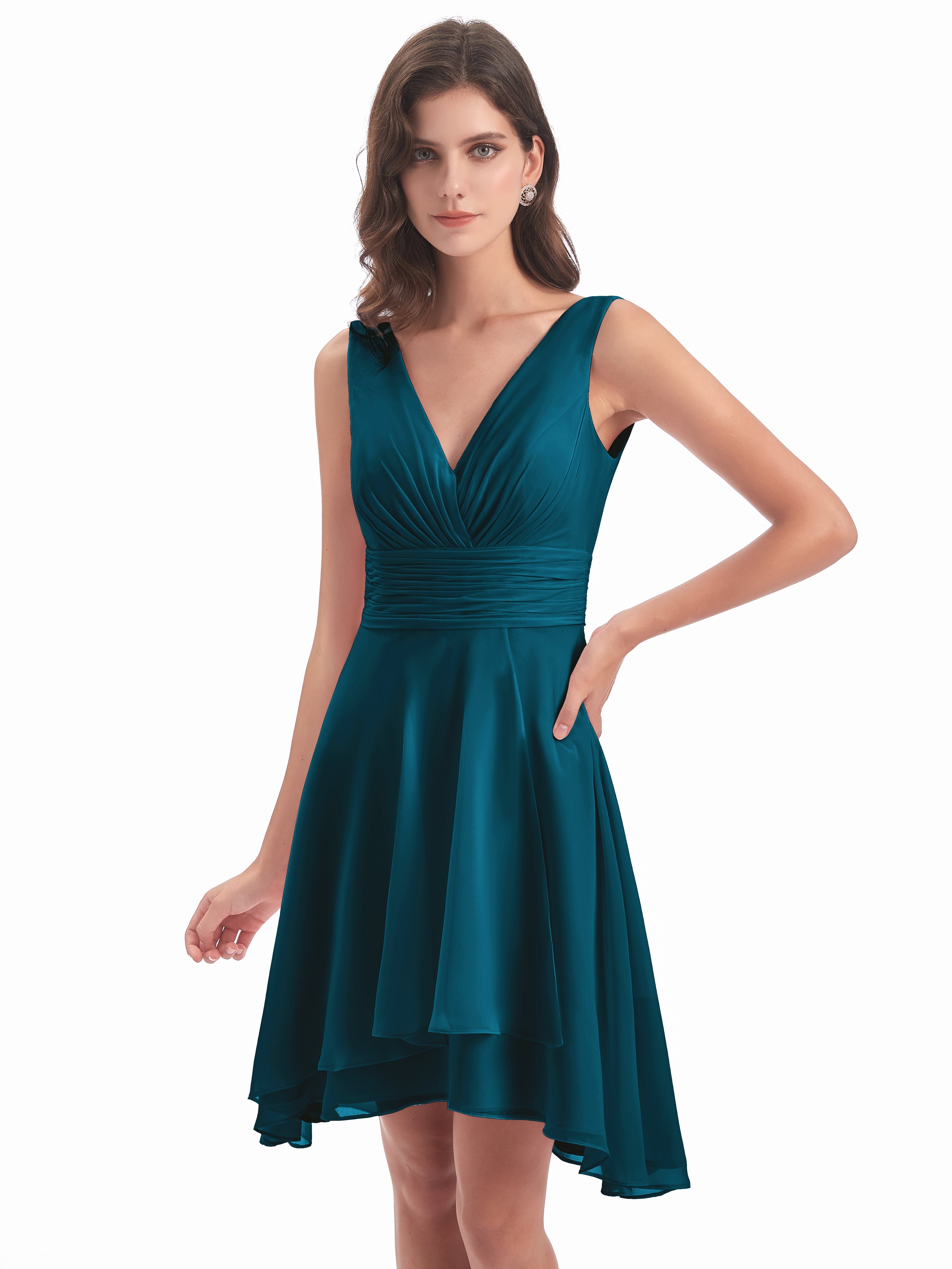 Robe De Demoiselle D'Honneur Bleu Encre Haute Basse Col V Robes Demoiselle D'Honneur