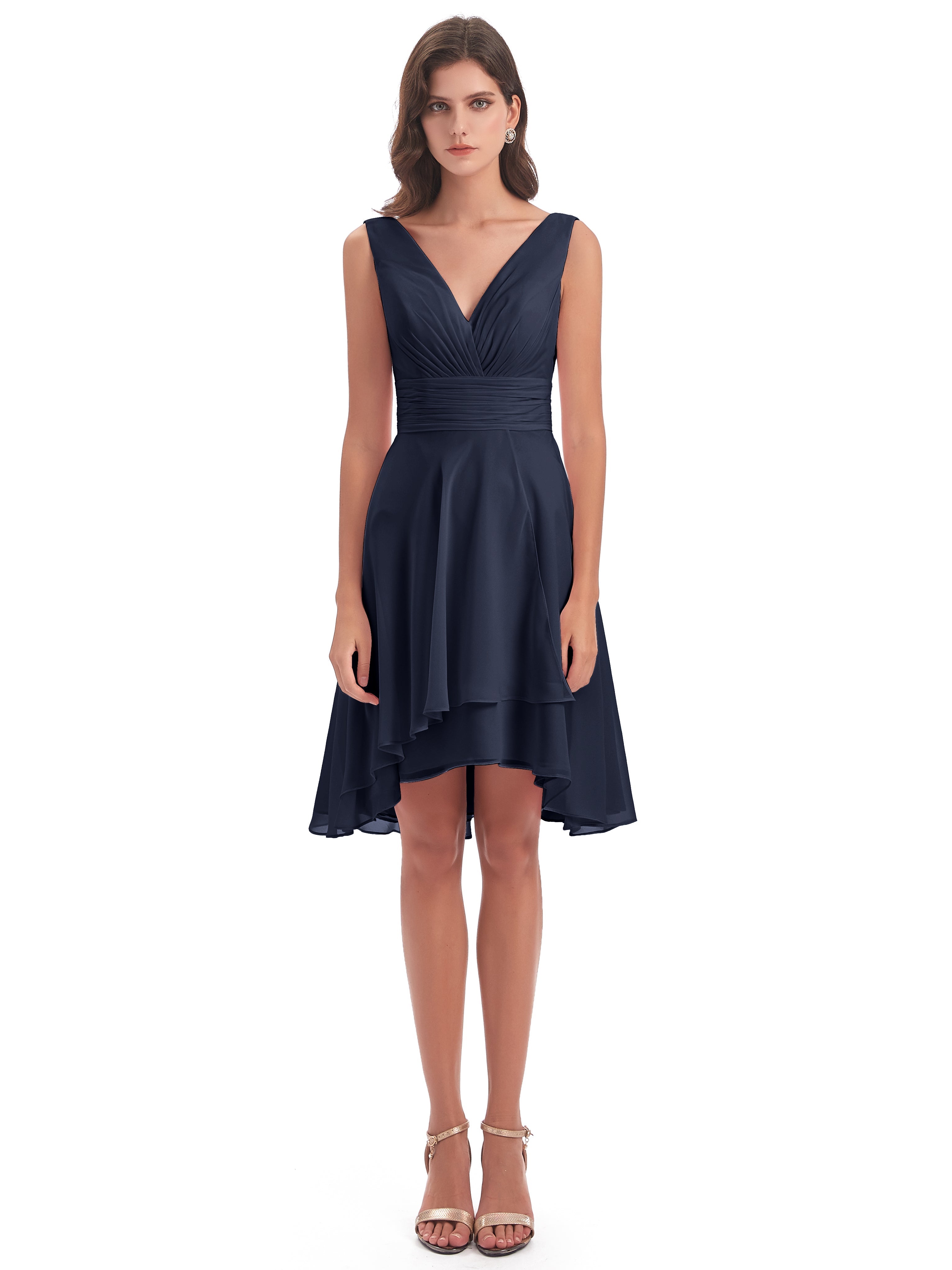 Demoiselle D'Honneur Bleu Marine Haute Basse Col V Robes Demoiselle D'Honneur