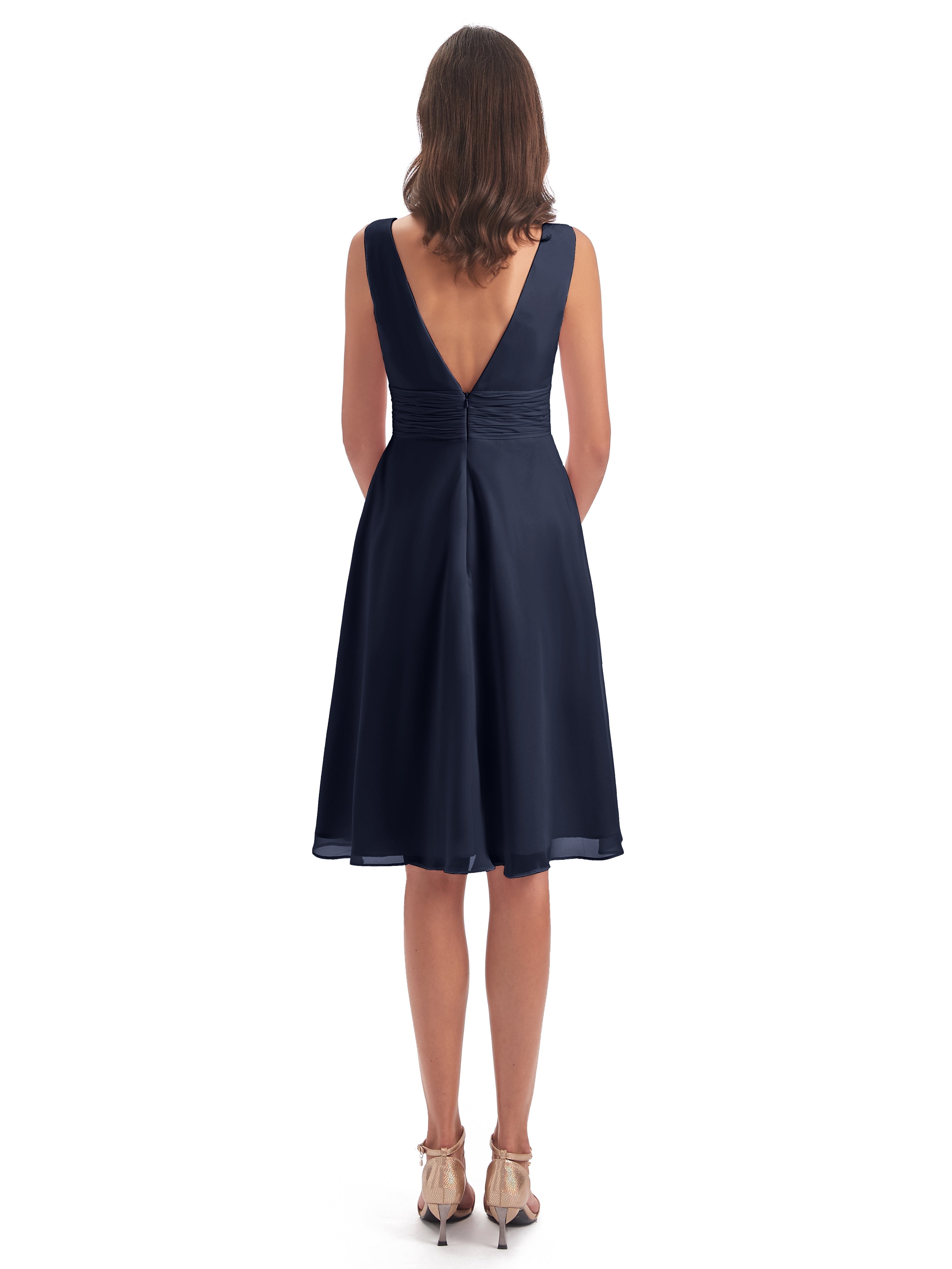Demoiselle D'Honneur Bleu Marine Haute Basse Col V Robes Demoiselle D'Honneur