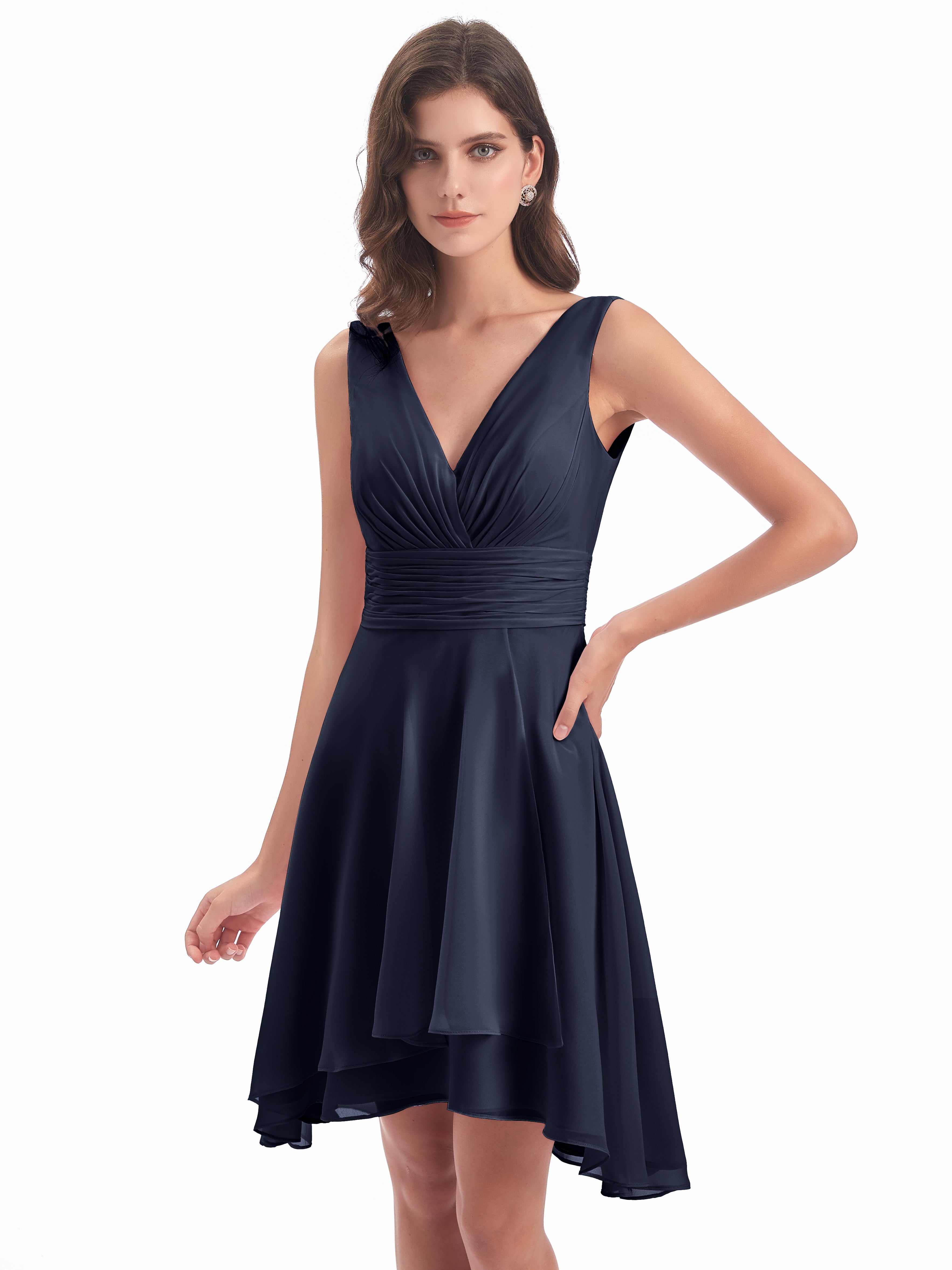 Demoiselle D'Honneur Bleu Marine Haute Basse Col V Robes Demoiselle D'Honneur