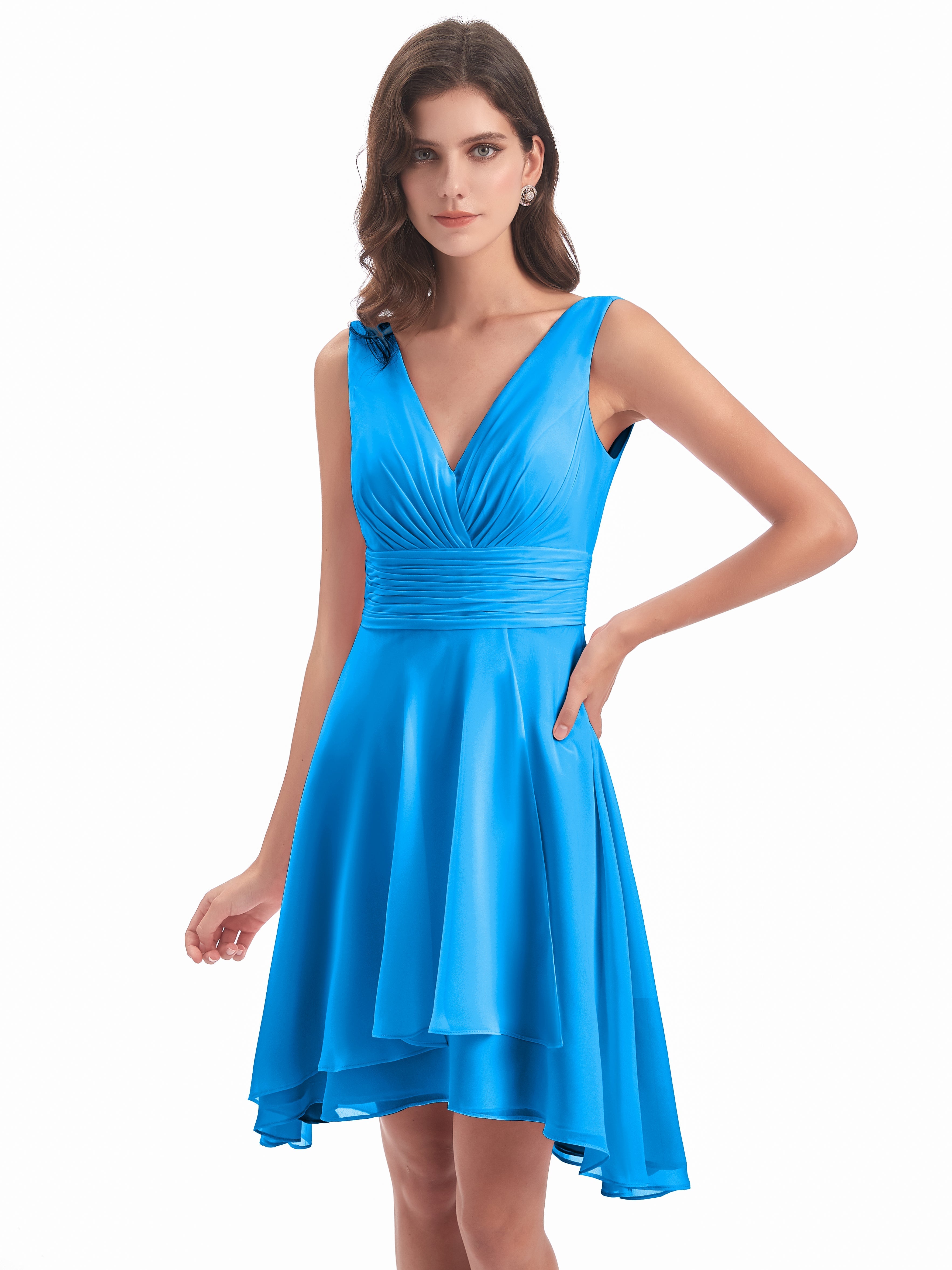 Robes De Demoiselle D'Honneur Bleu Océan Haute Basse Col V Robes Demoiselle D'Honneur