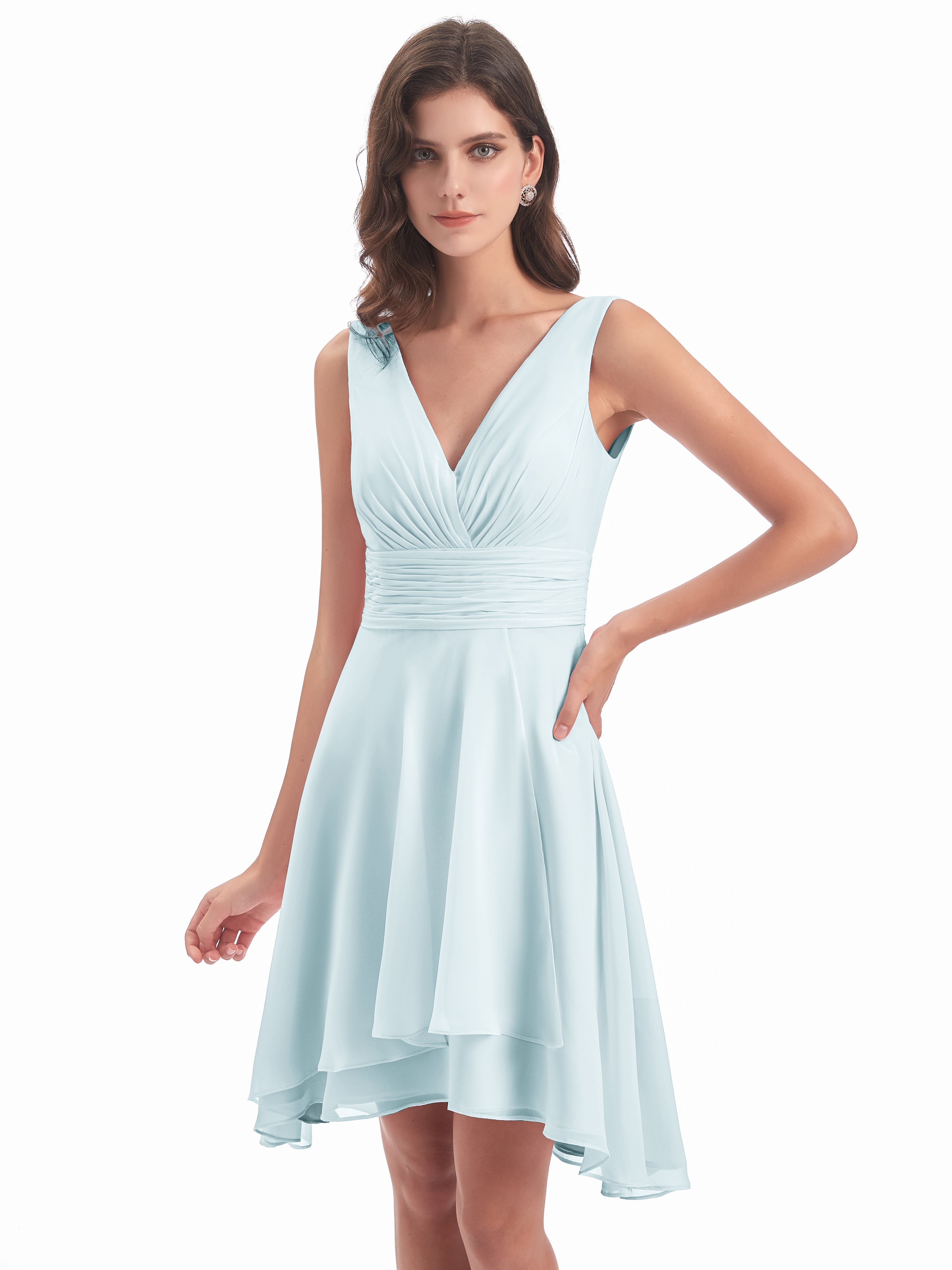Robe De Demoiselle D'Honneur Brume Haute Basse Col V Robes Demoiselle D'Honneur