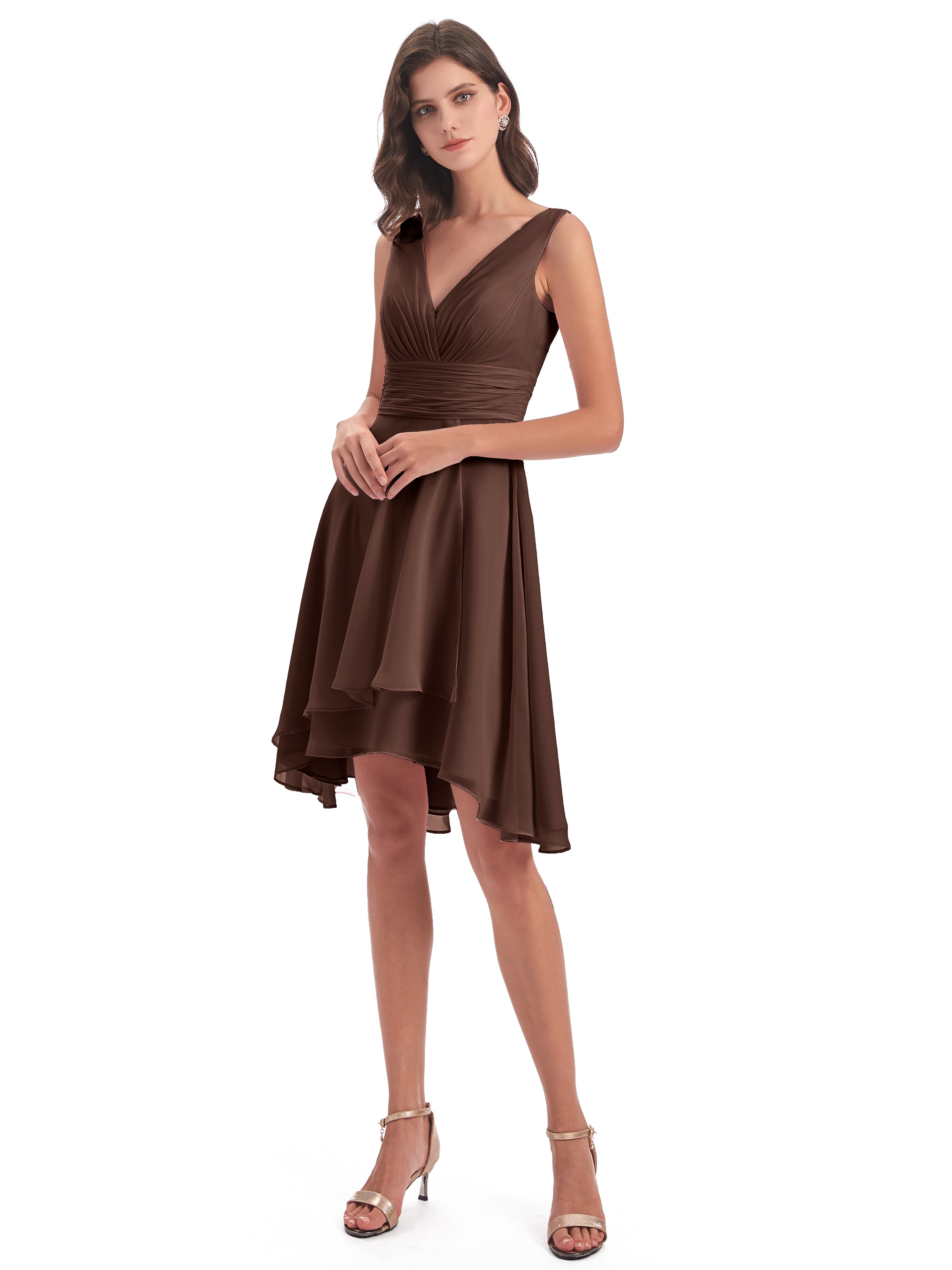 Robe Demoiselle D Honneur Marron Chocolat Haute Basse Col V Robes Demoiselle D'Honneur